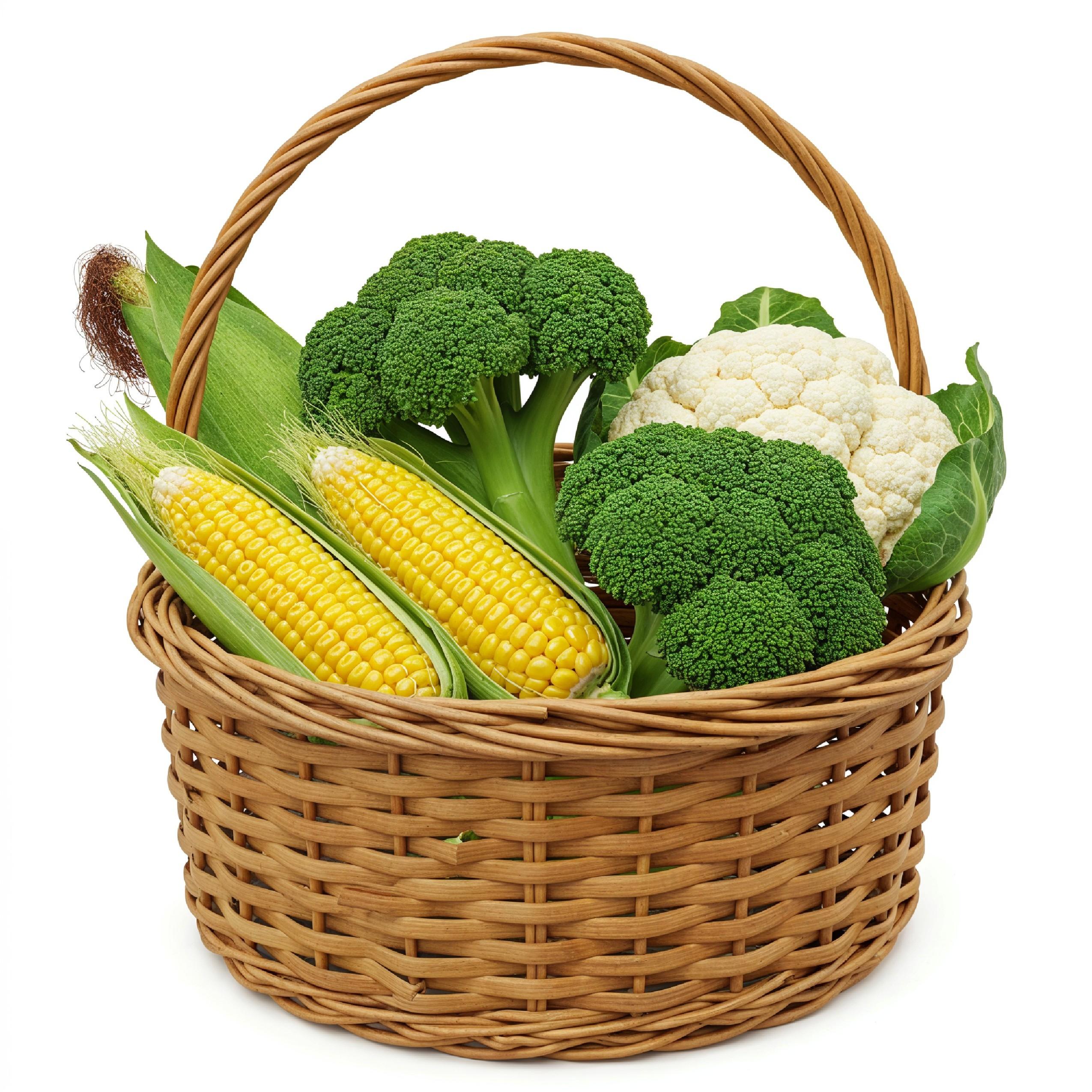 Fresh Seasonal Vegetables in Round Wicker Basket Isolated on White Background