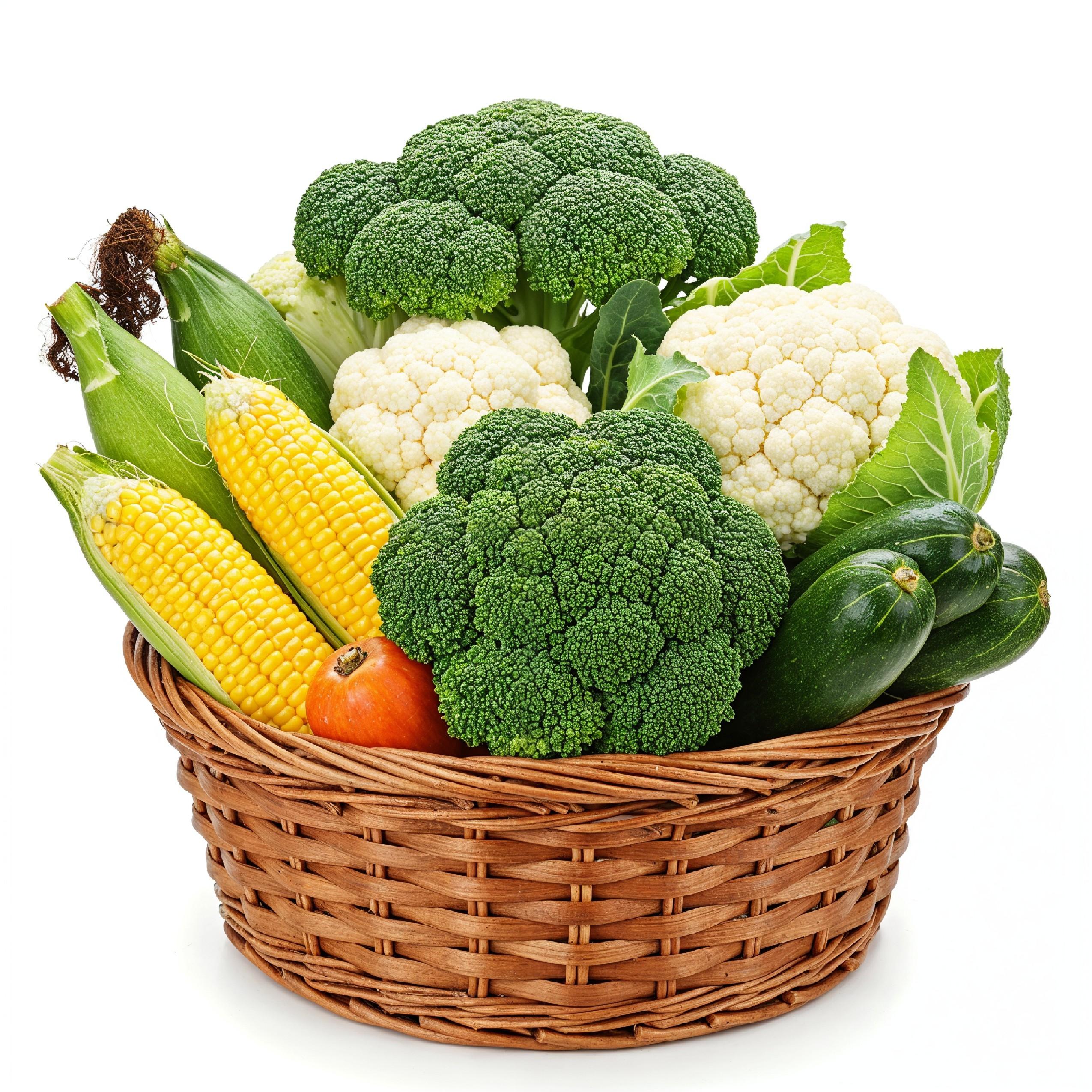 Fresh Seasonal Vegetables in Round Wicker Basket Isolated on White Background