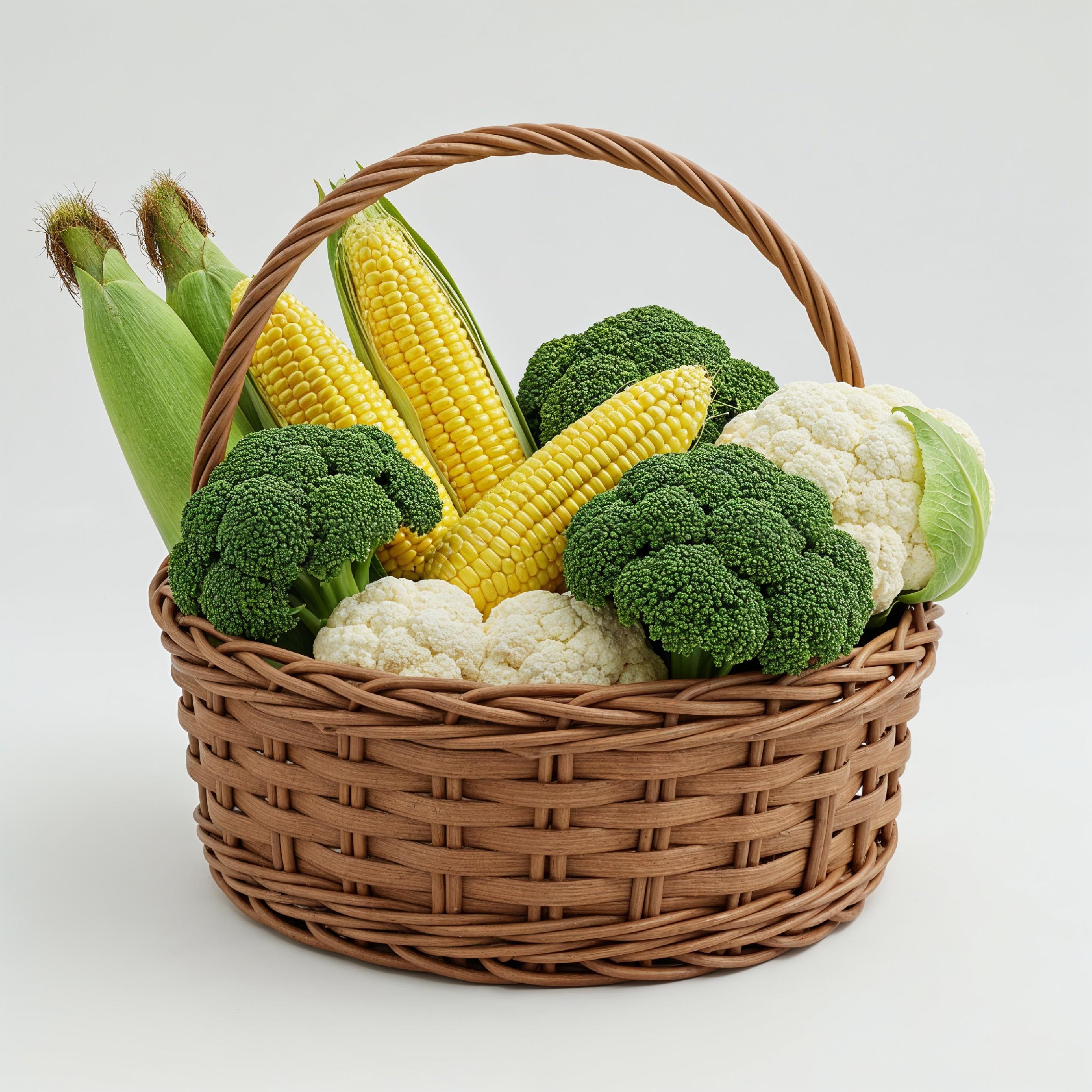 Fresh Seasonal Vegetables in Round Wicker Basket Isolated on White Background