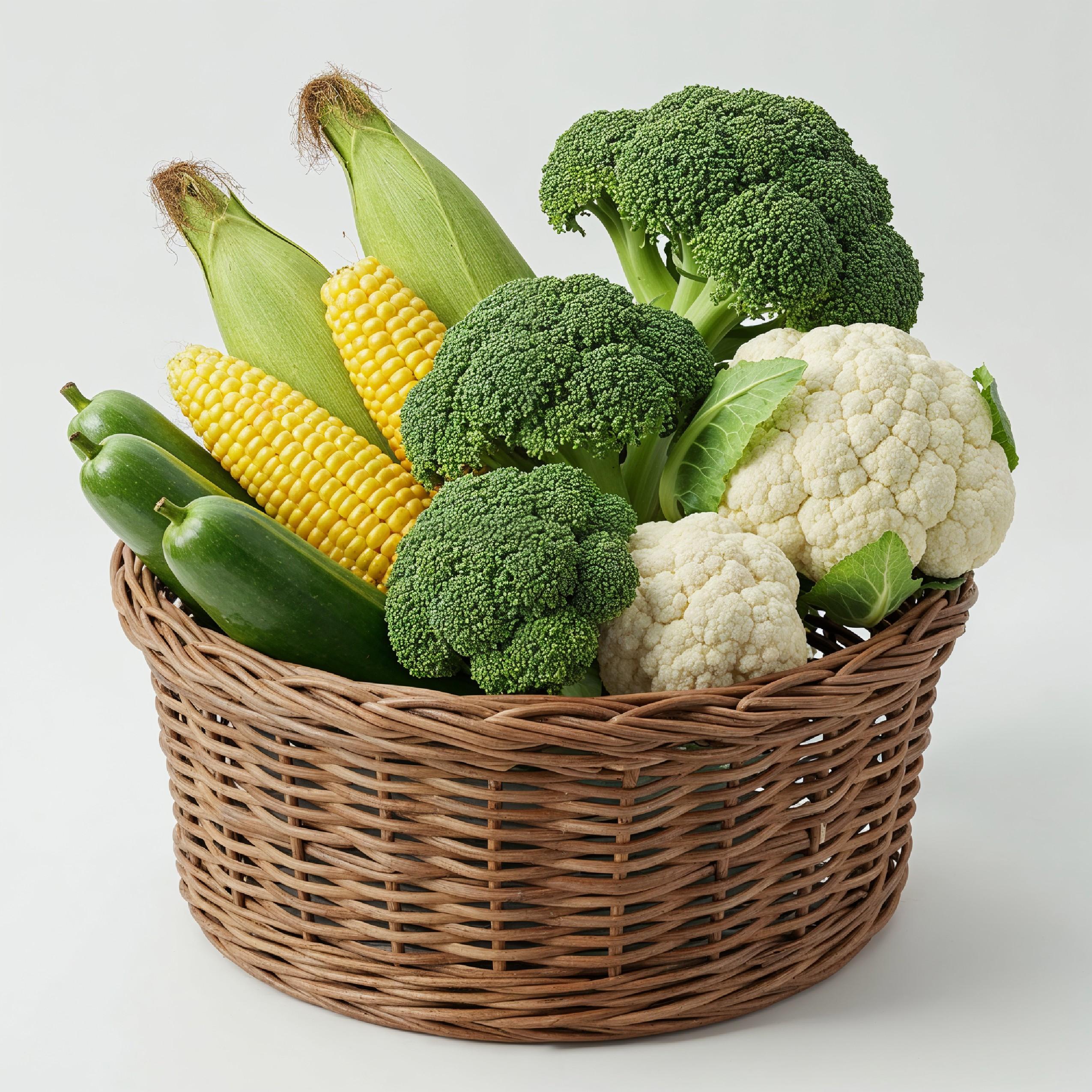Fresh Seasonal Vegetables in Round Wicker Basket Isolated on White Background