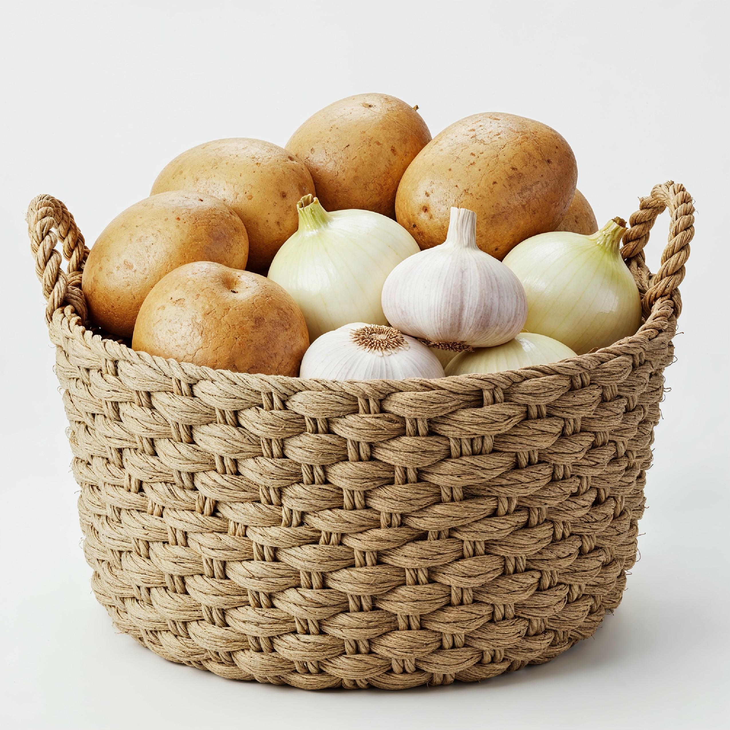 Handwoven Jute Basket with Fresh Potatoes, Onions and Garlic on White Background