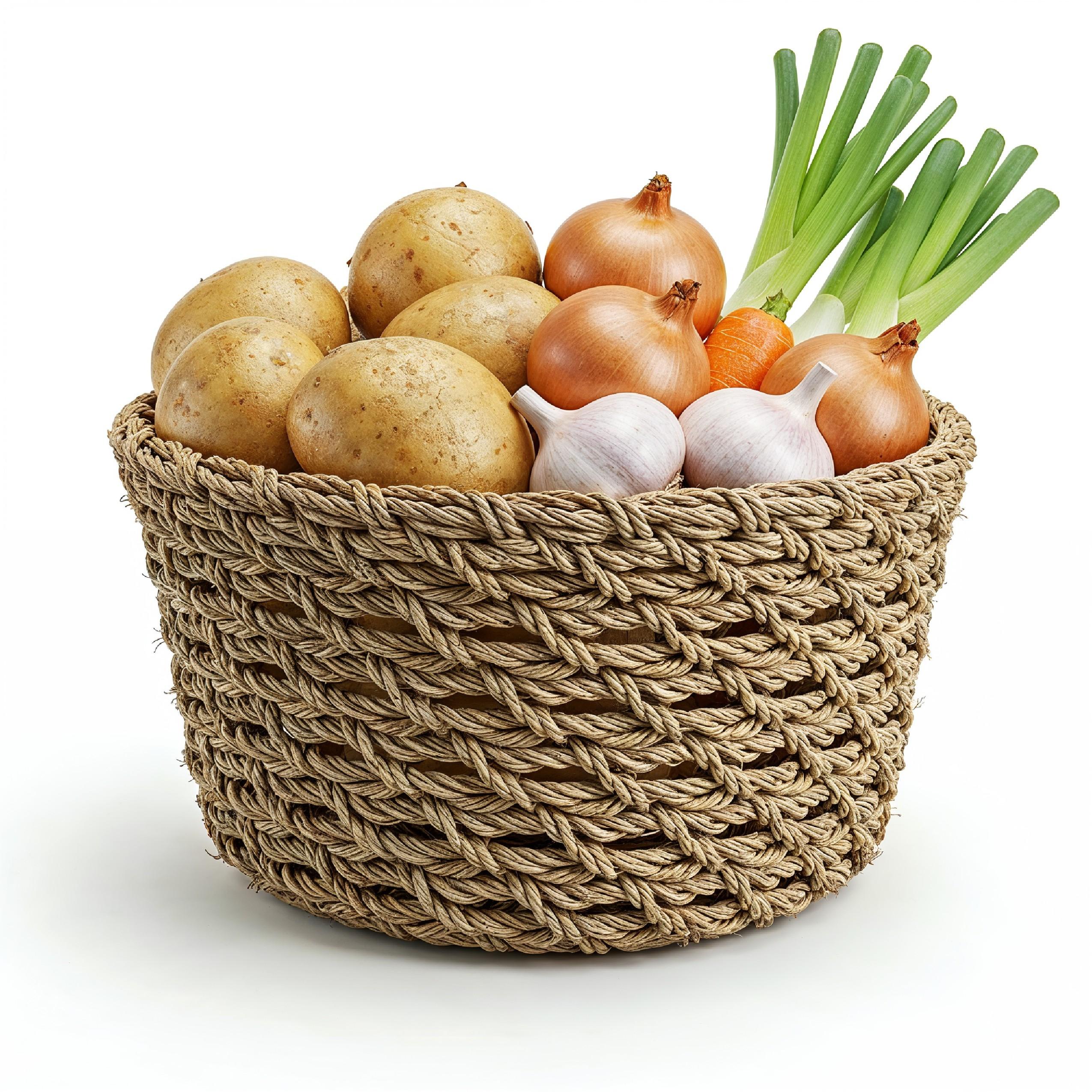 Handwoven Jute Basket with Fresh Potatoes, Onions and Garlic on White Background
