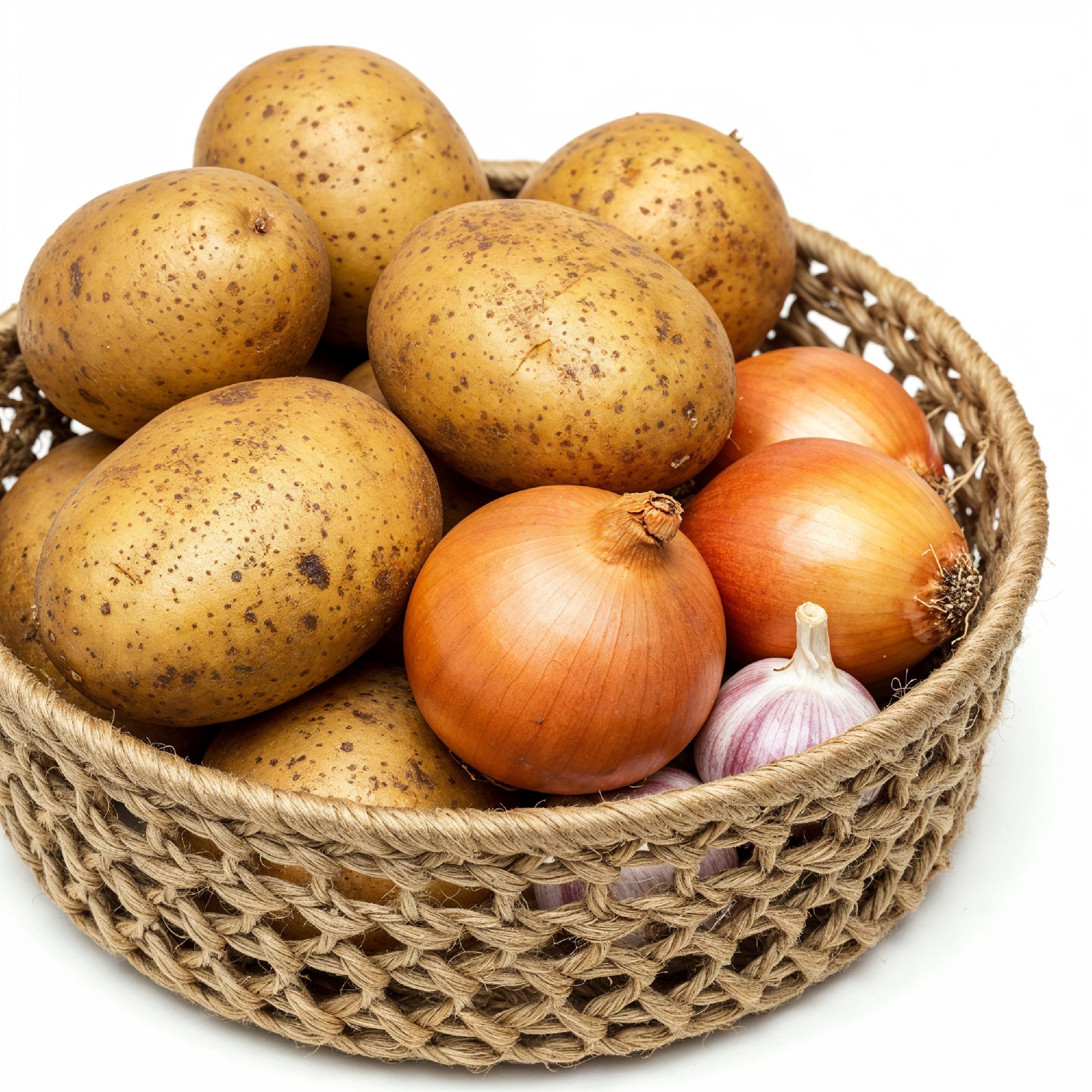Handwoven Jute Basket with Fresh Potatoes, Onions and Garlic on White Background
