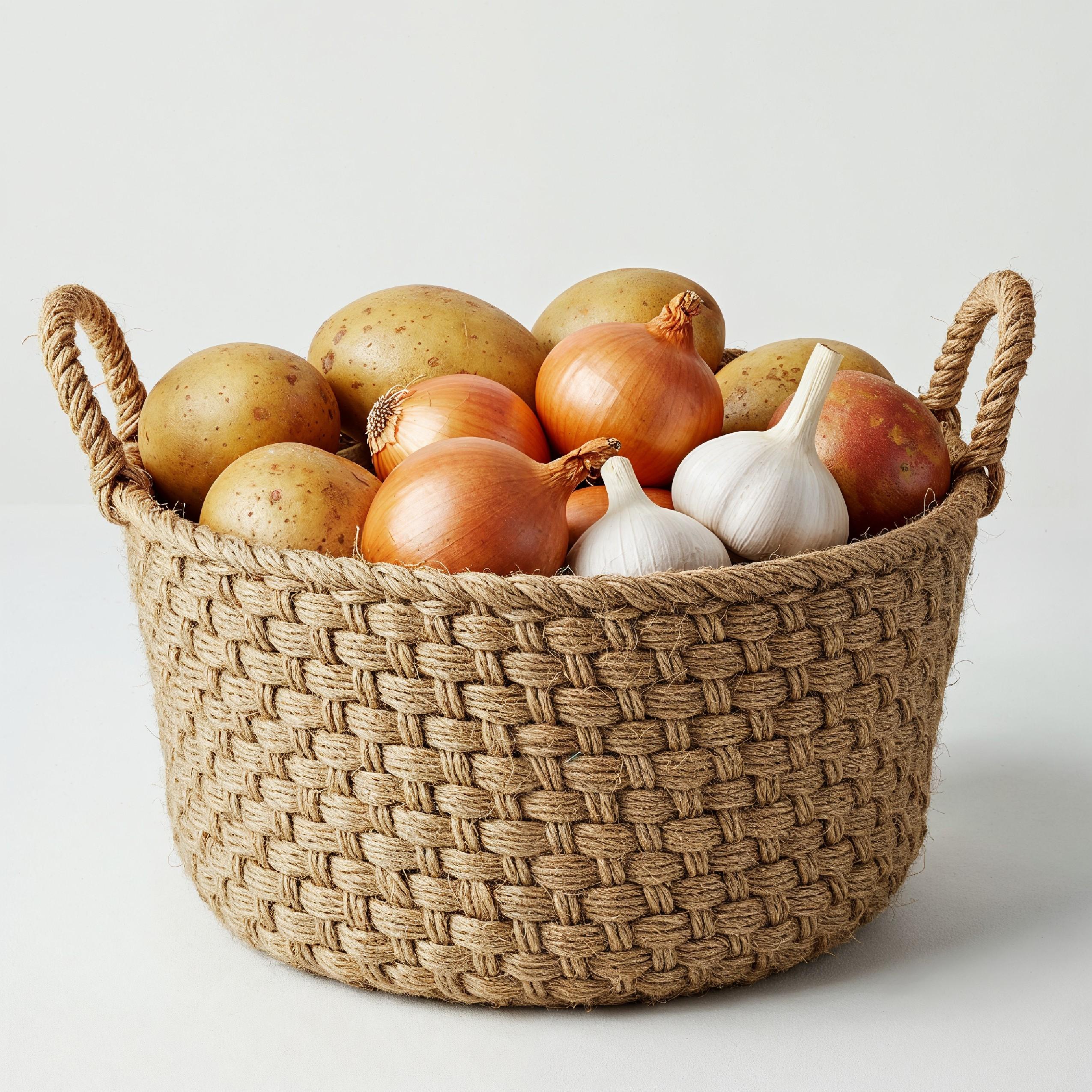Handwoven Jute Basket with Fresh Potatoes, Onions and Garlic on White Background