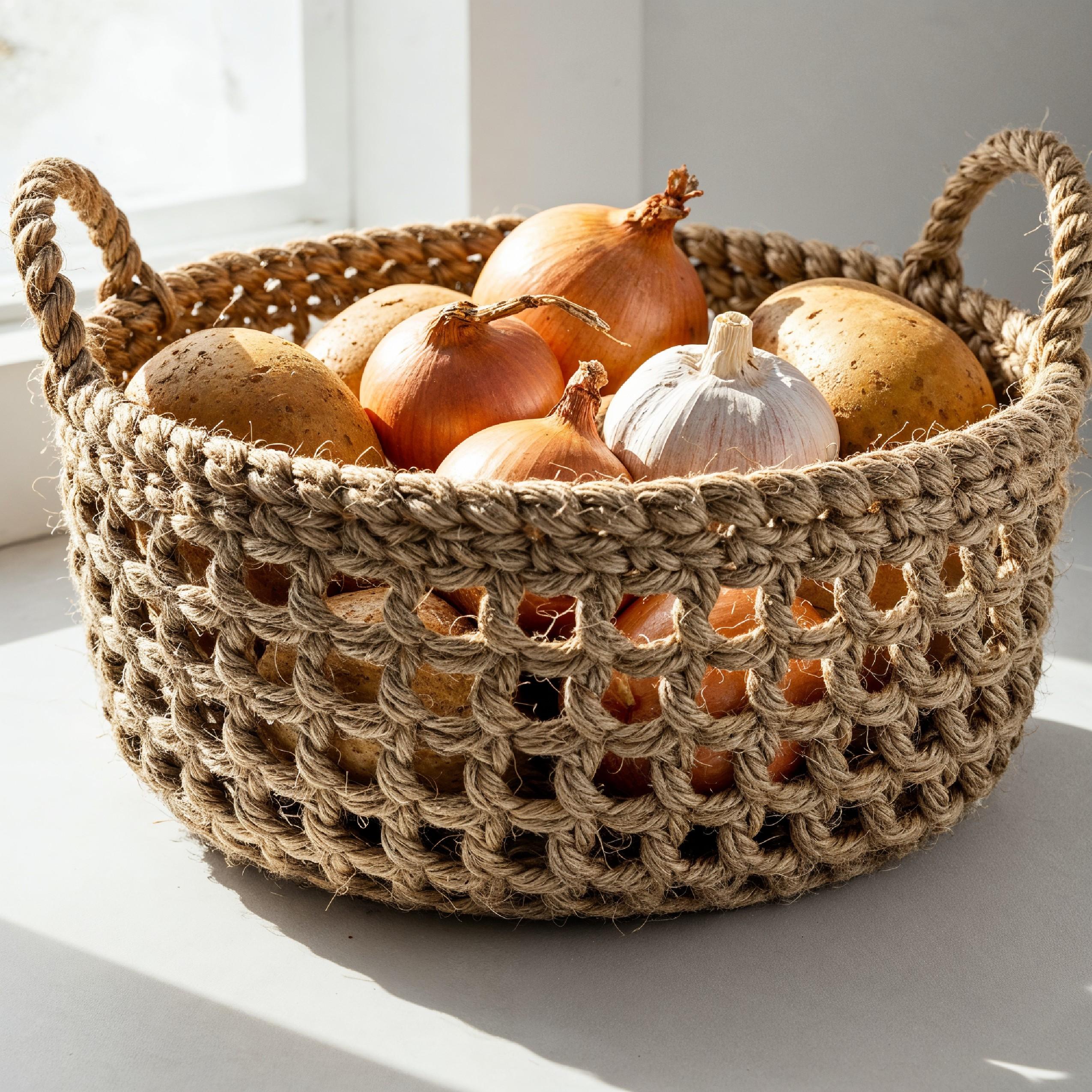 Handwoven Jute Basket with Fresh Potatoes, Onions and Garlic on White Background