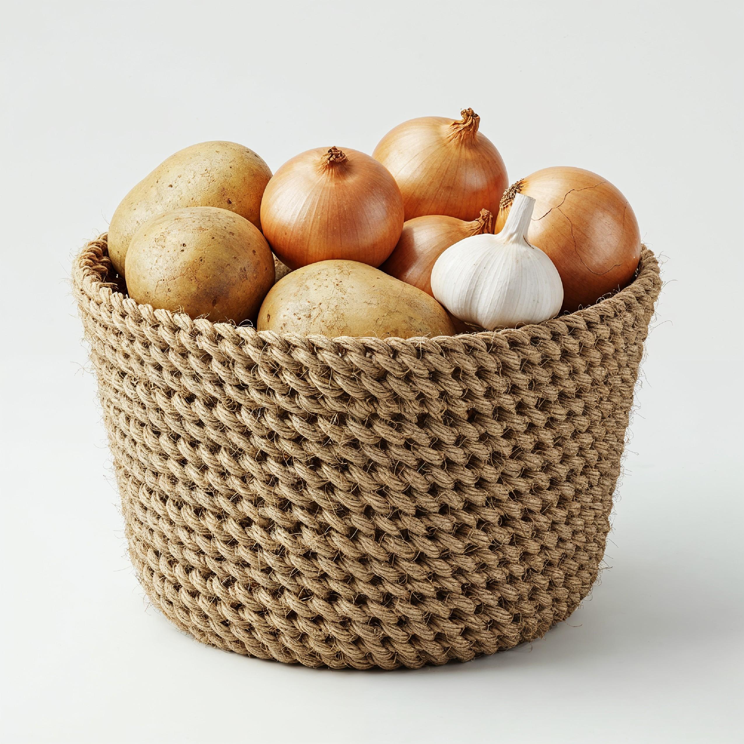 Handwoven Jute Basket with Fresh Potatoes, Onions and Garlic on White Background