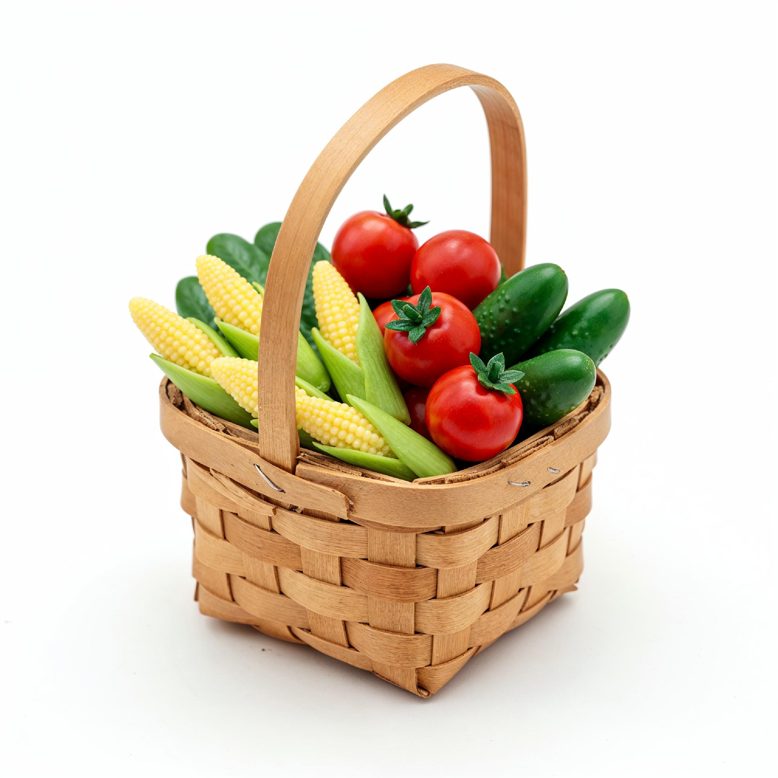 Miniature Vegetable Basket with Fresh Tomatoes, Corn and Cucumbers on White Background