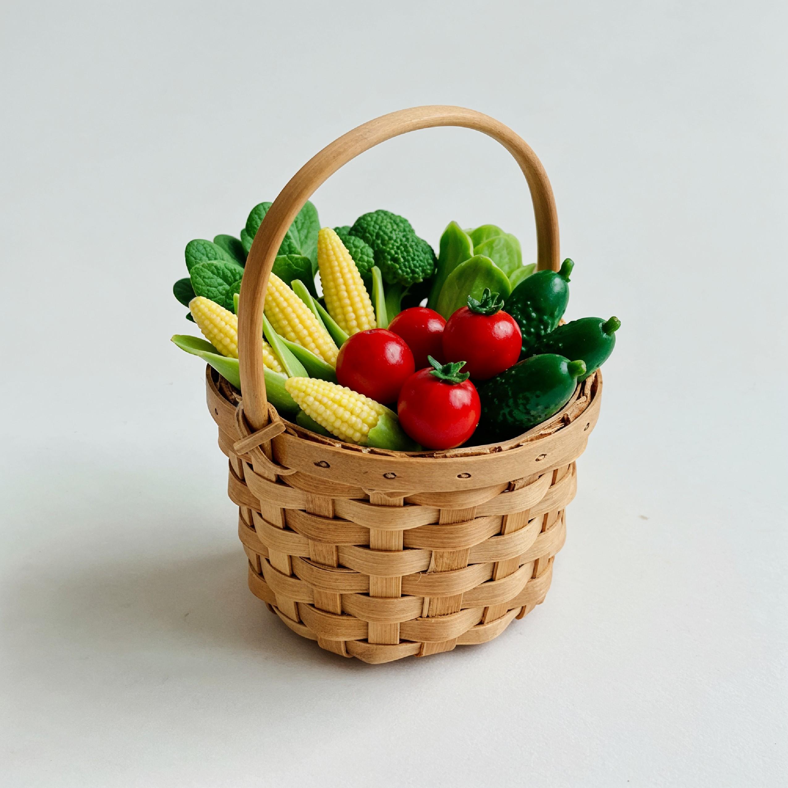 Miniature Vegetable Basket with Fresh Tomatoes, Corn and Cucumbers on White Background