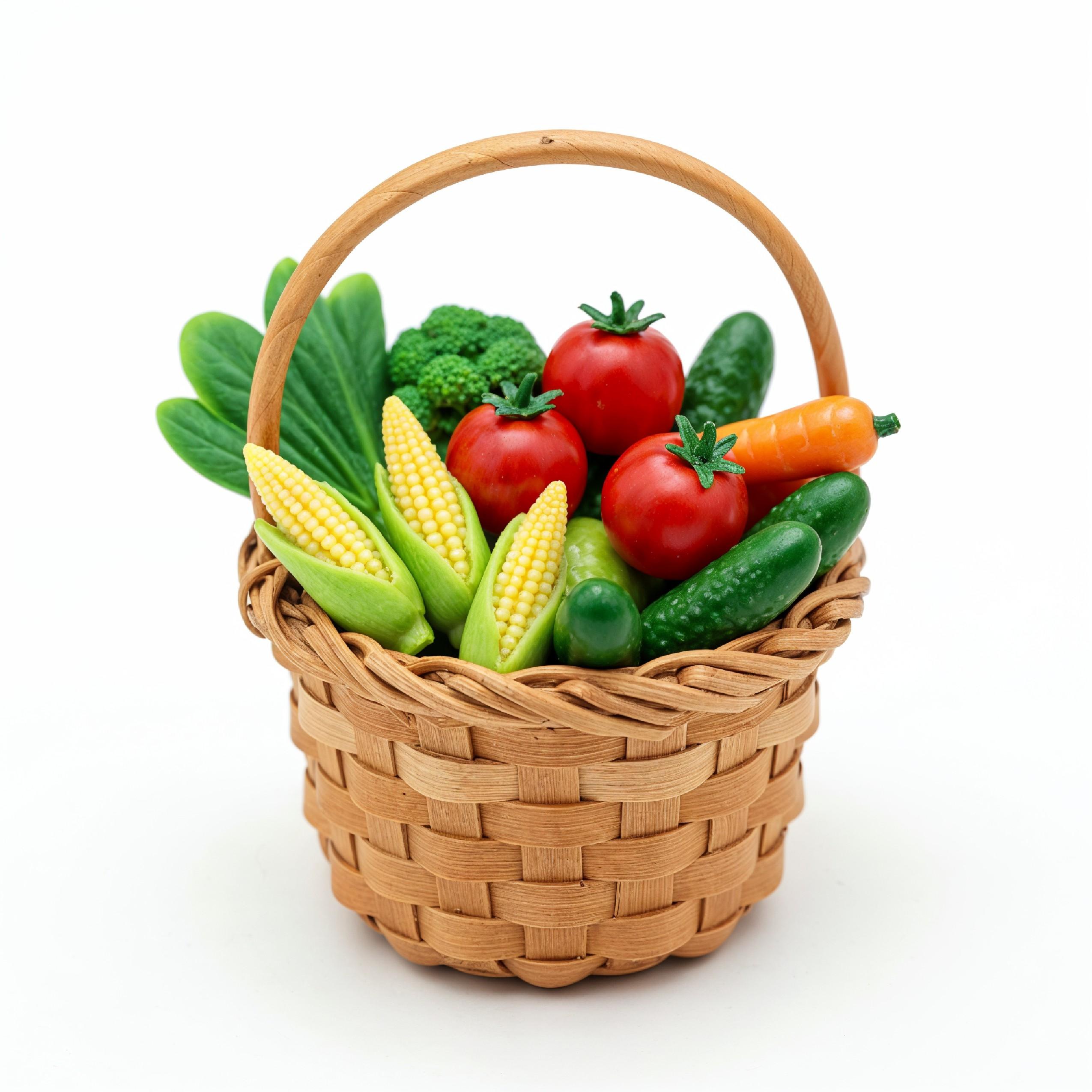 Miniature Vegetable Basket with Fresh Tomatoes, Corn and Cucumbers on White Background