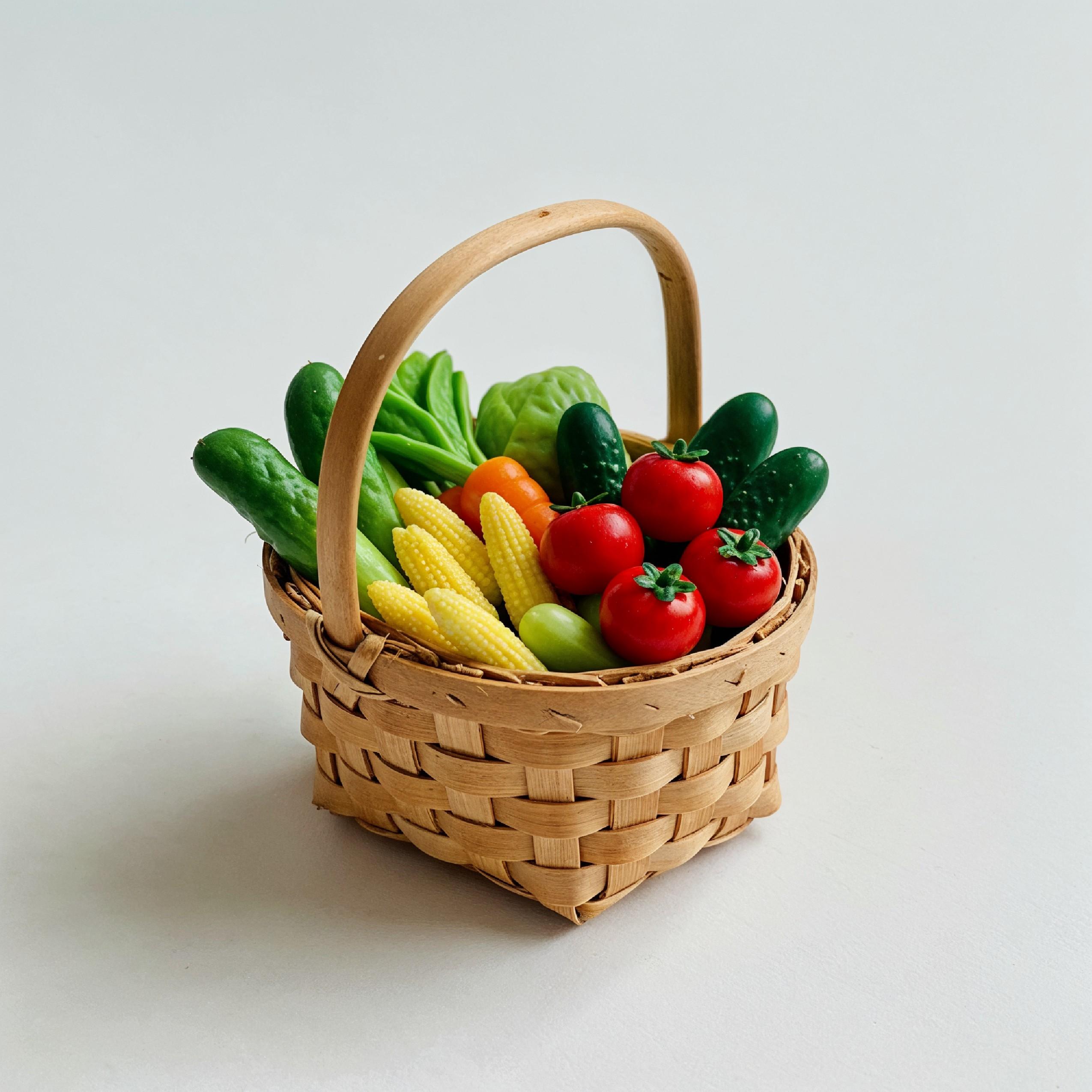 Miniature Vegetable Basket with Fresh Tomatoes, Corn and Cucumbers on White Background