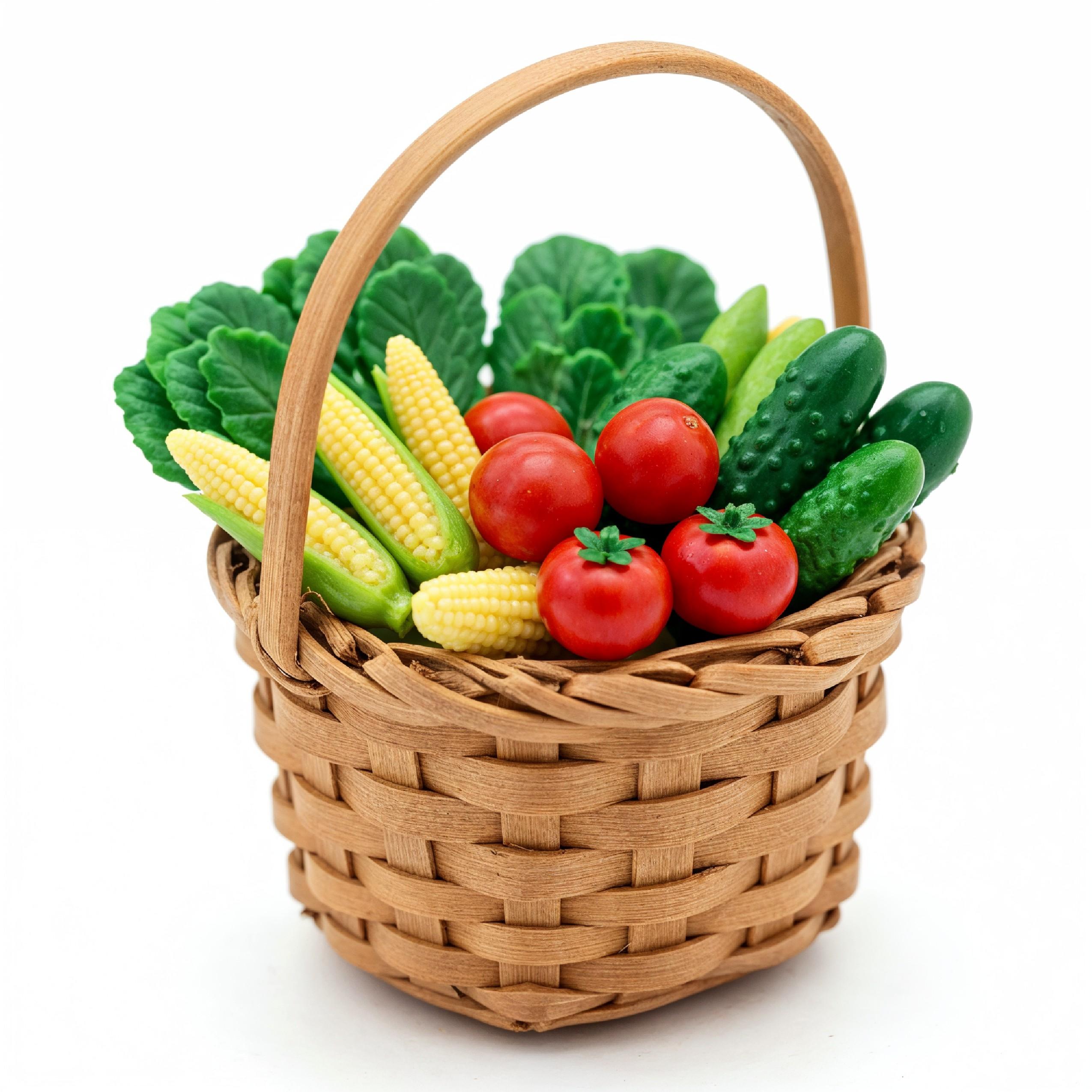 Miniature Vegetable Basket with Fresh Tomatoes, Corn and Cucumbers on White Background