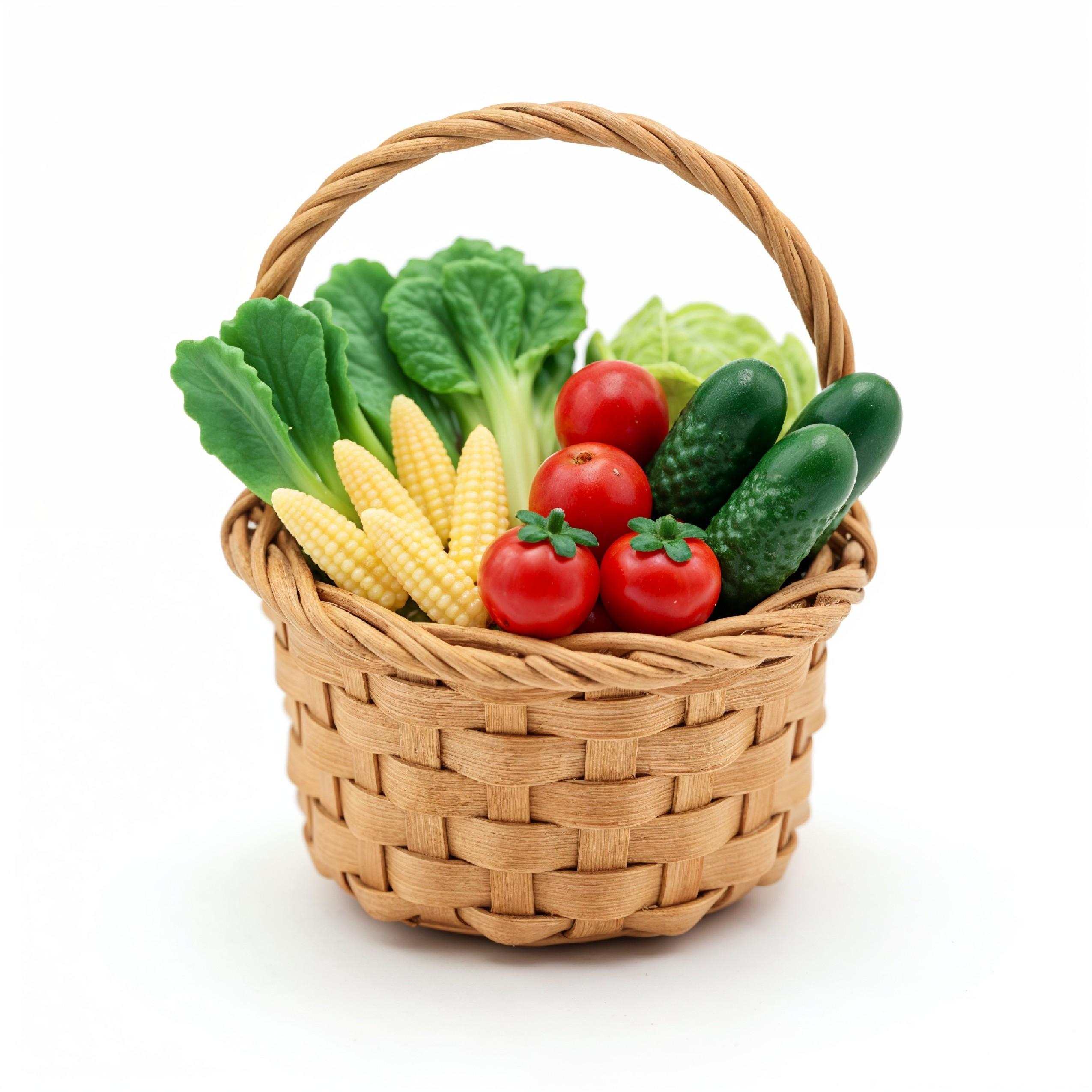 Miniature Vegetable Basket with Fresh Tomatoes, Corn and Cucumbers on White Background