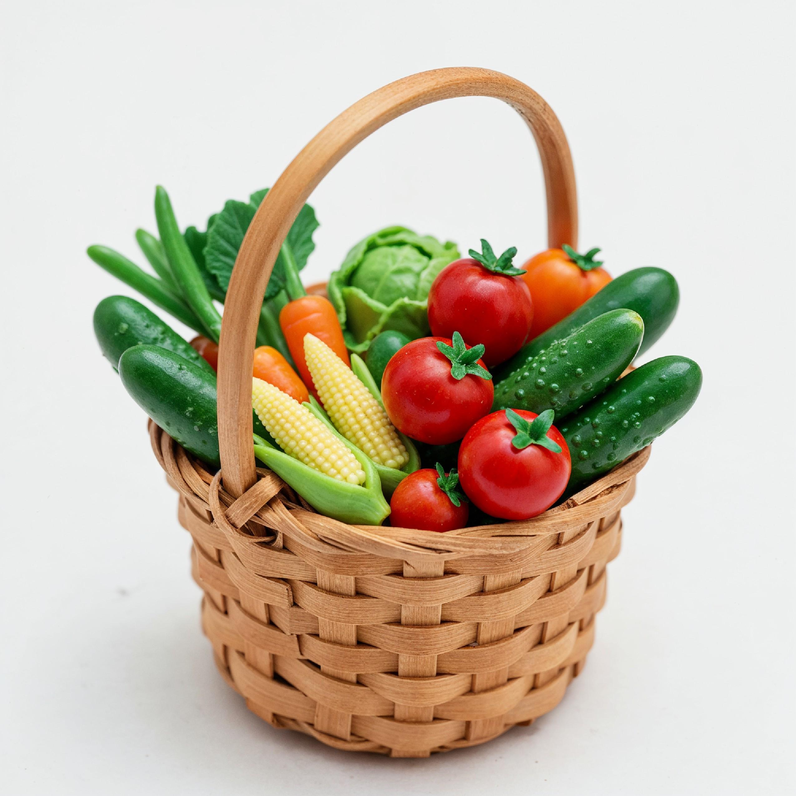 Miniature Vegetable Basket with Fresh Tomatoes, Corn and Cucumbers on White Background
