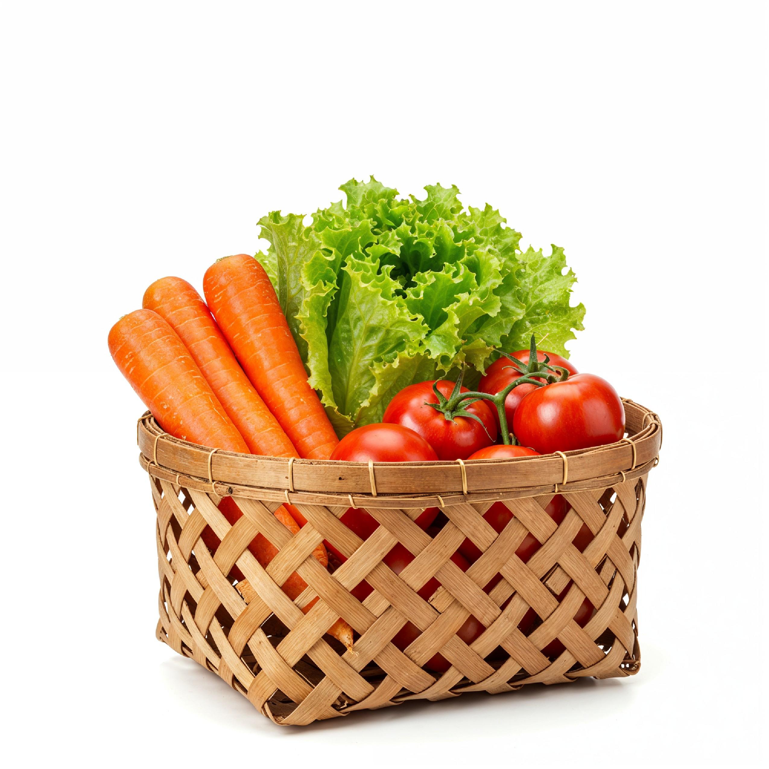 Rustic Woven Basket Filled with Fresh Organic Vegetables Isolated on White Background