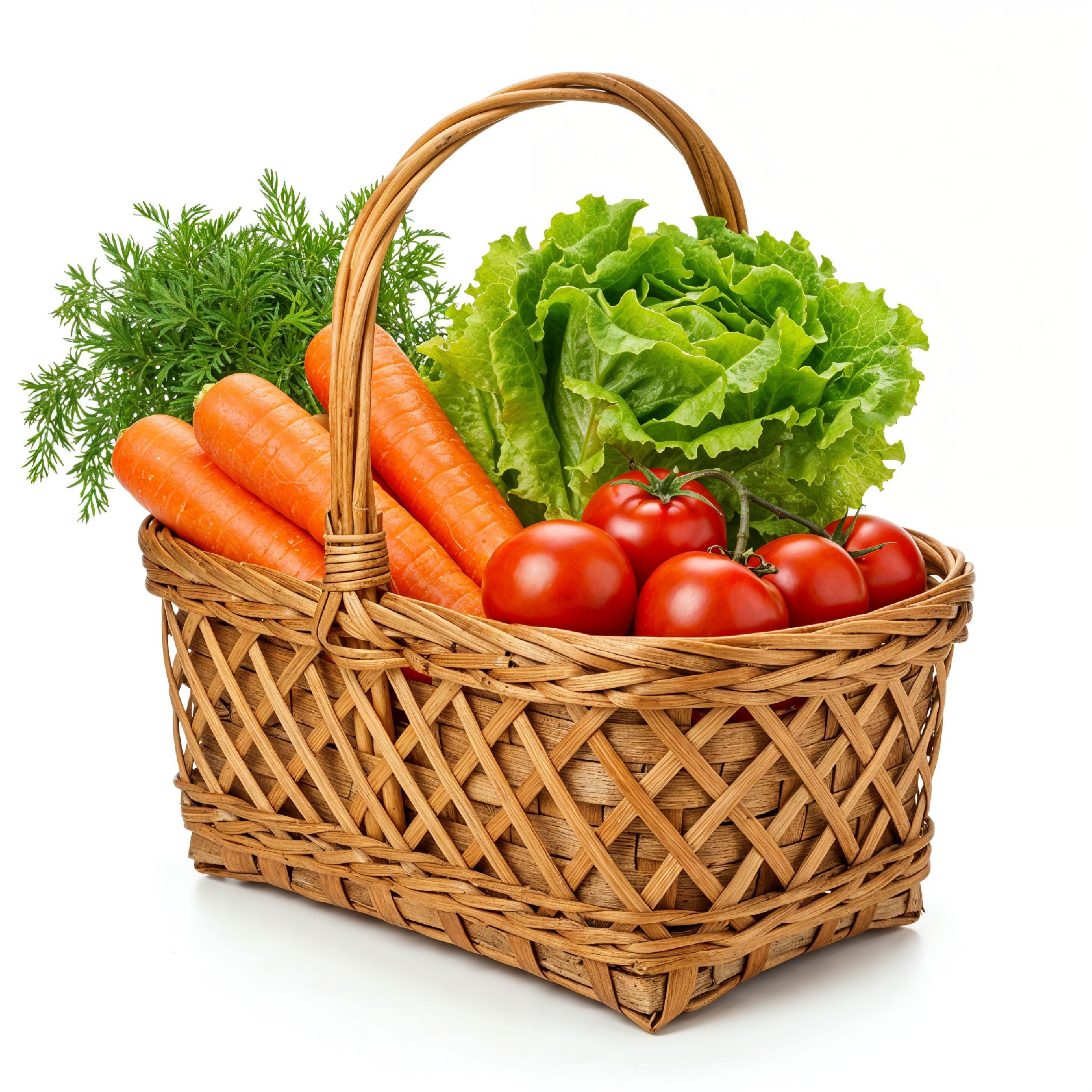 Rustic Woven Basket Filled with Fresh Organic Vegetables Isolated on White Background