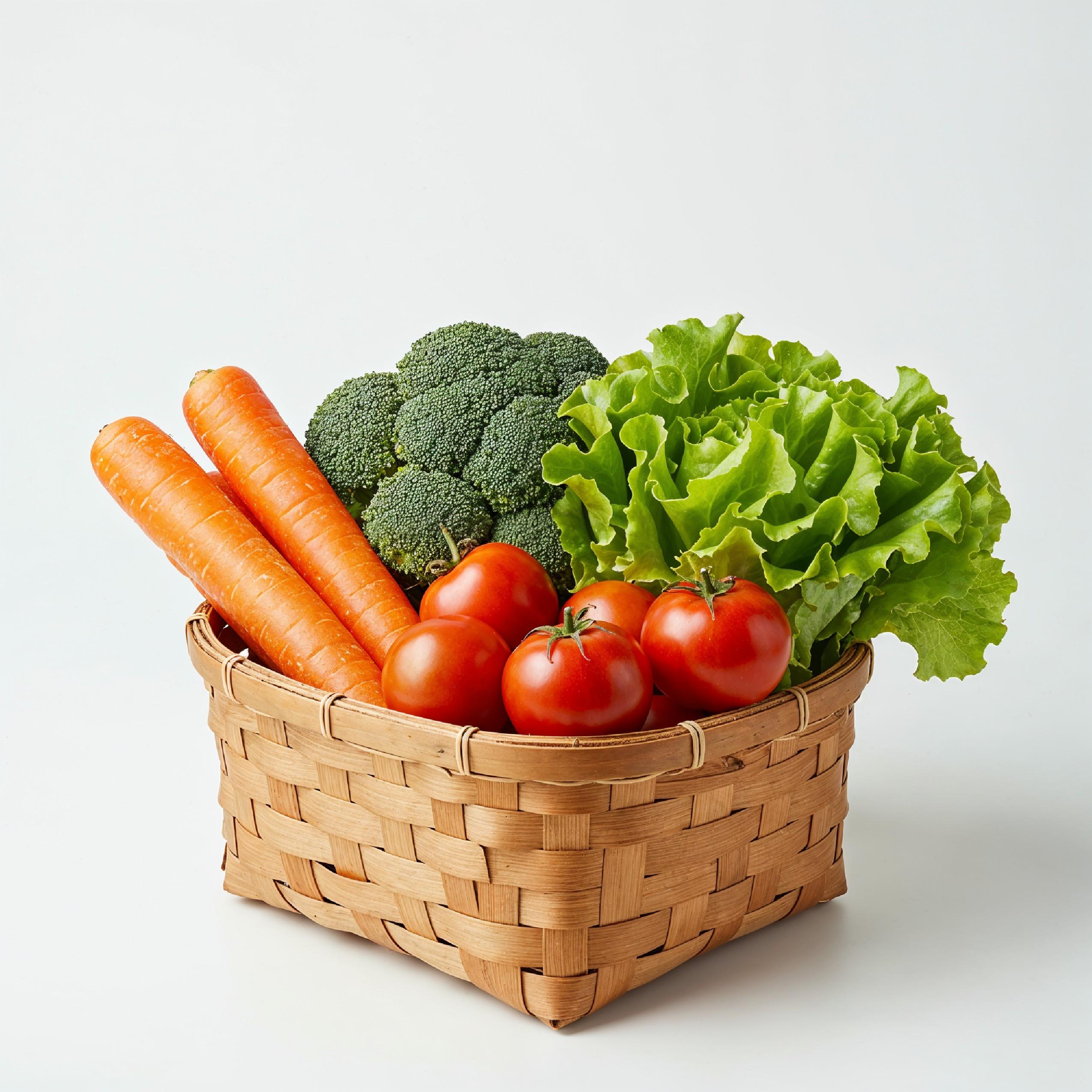 Rustic Woven Basket Filled with Fresh Organic Vegetables Isolated on White Background