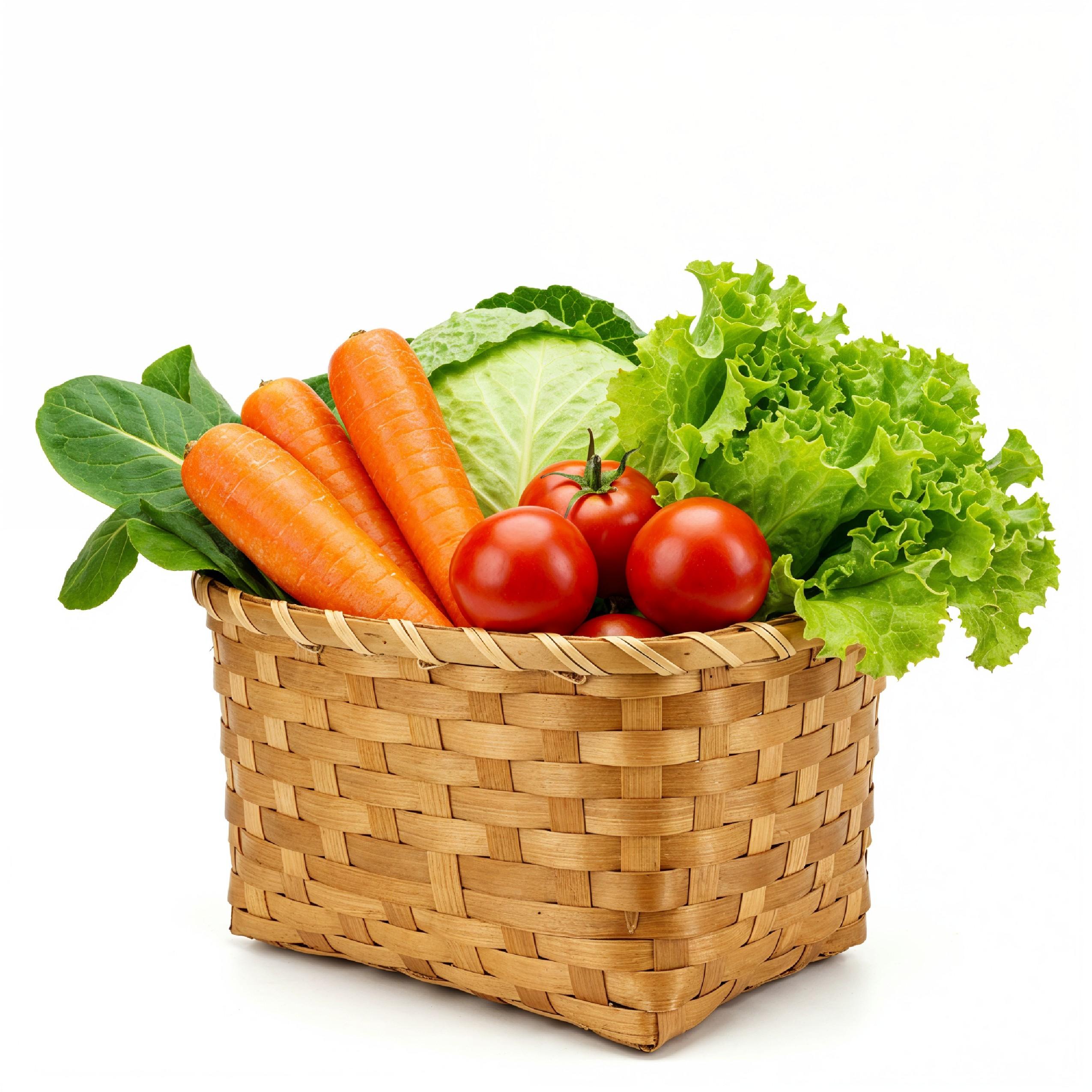 Rustic Woven Basket Filled with Fresh Organic Vegetables Isolated on White Background