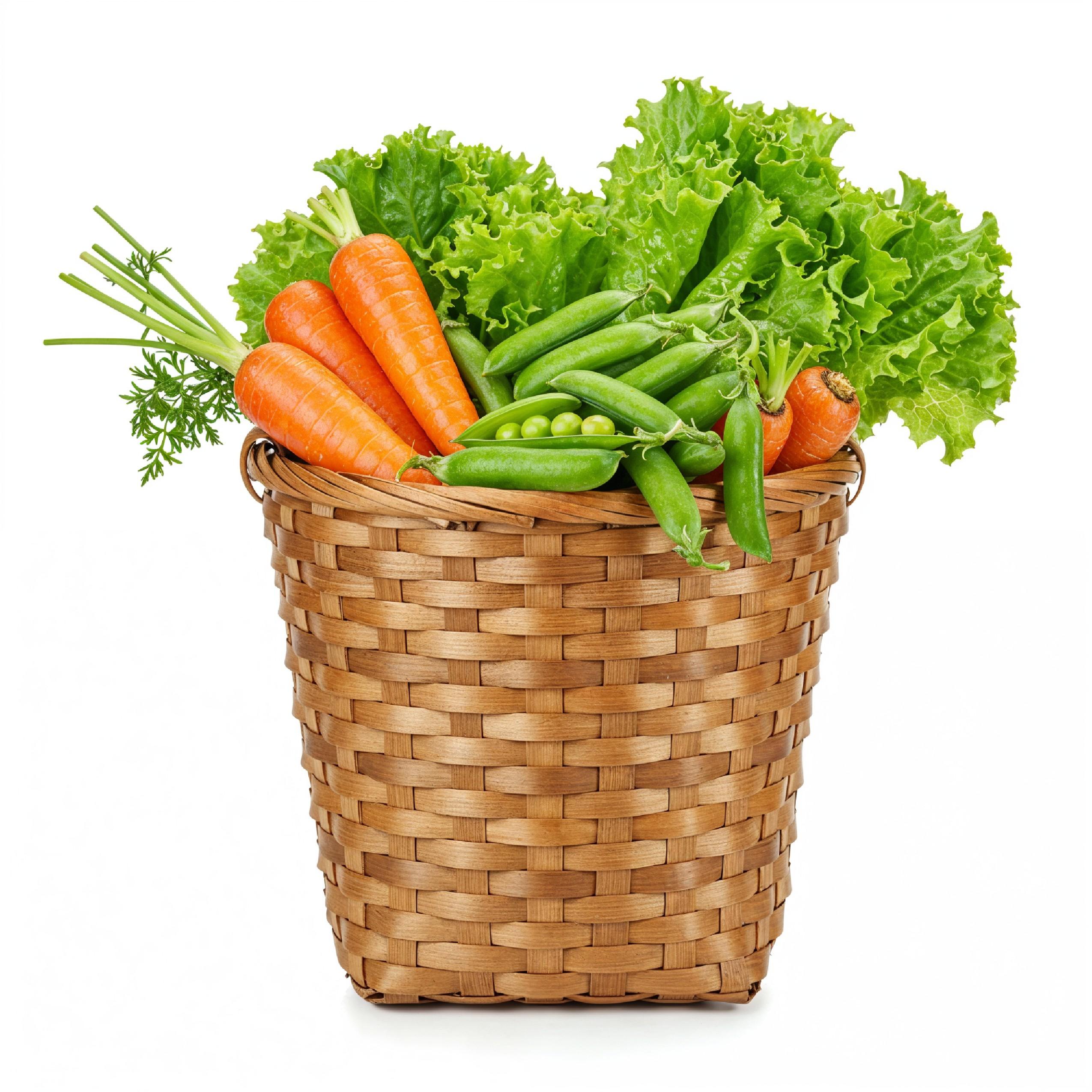 Tall Wicker Basket Overflowing with Fresh Organic Vegetables on White Background