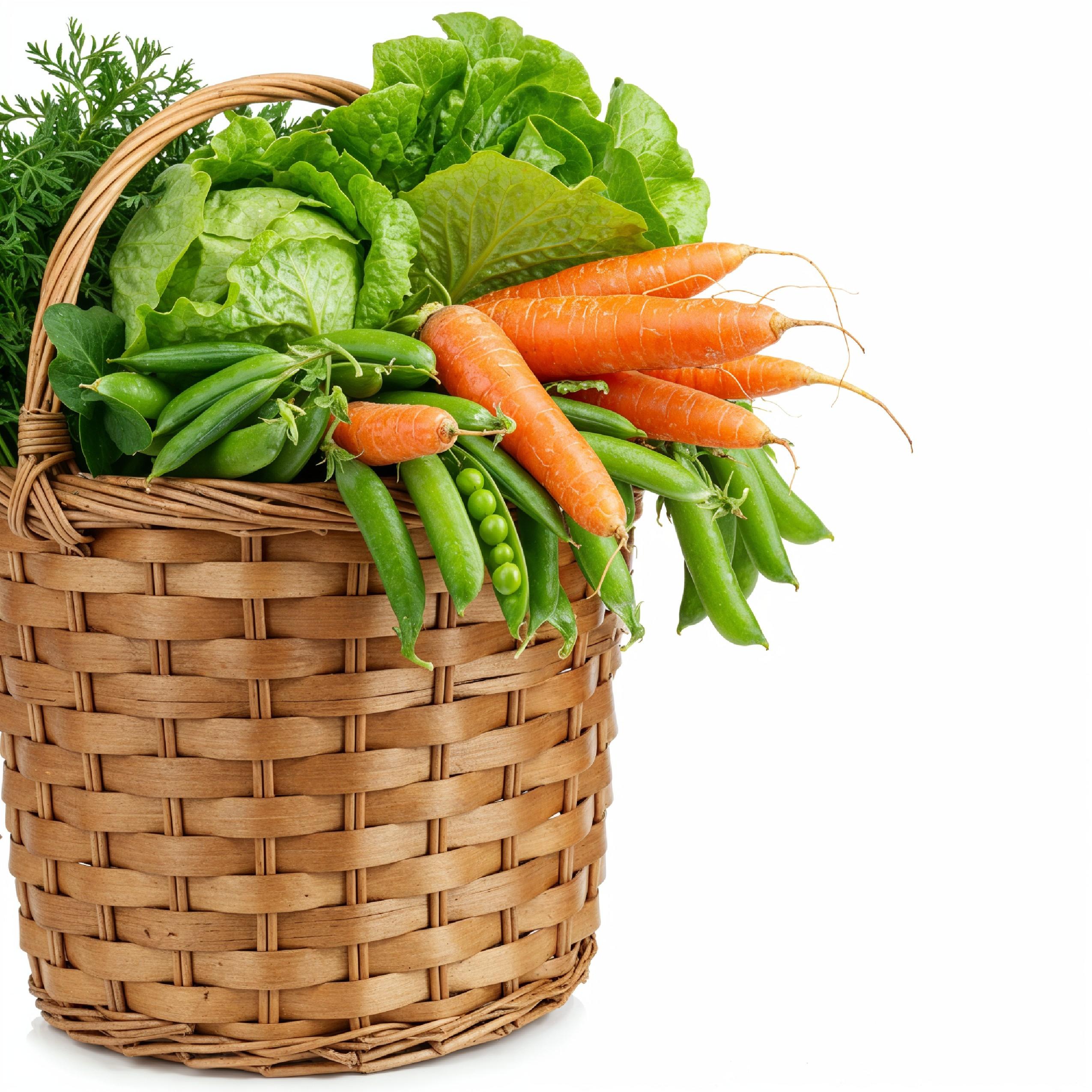 Tall Wicker Basket Overflowing with Fresh Organic Vegetables on White Background