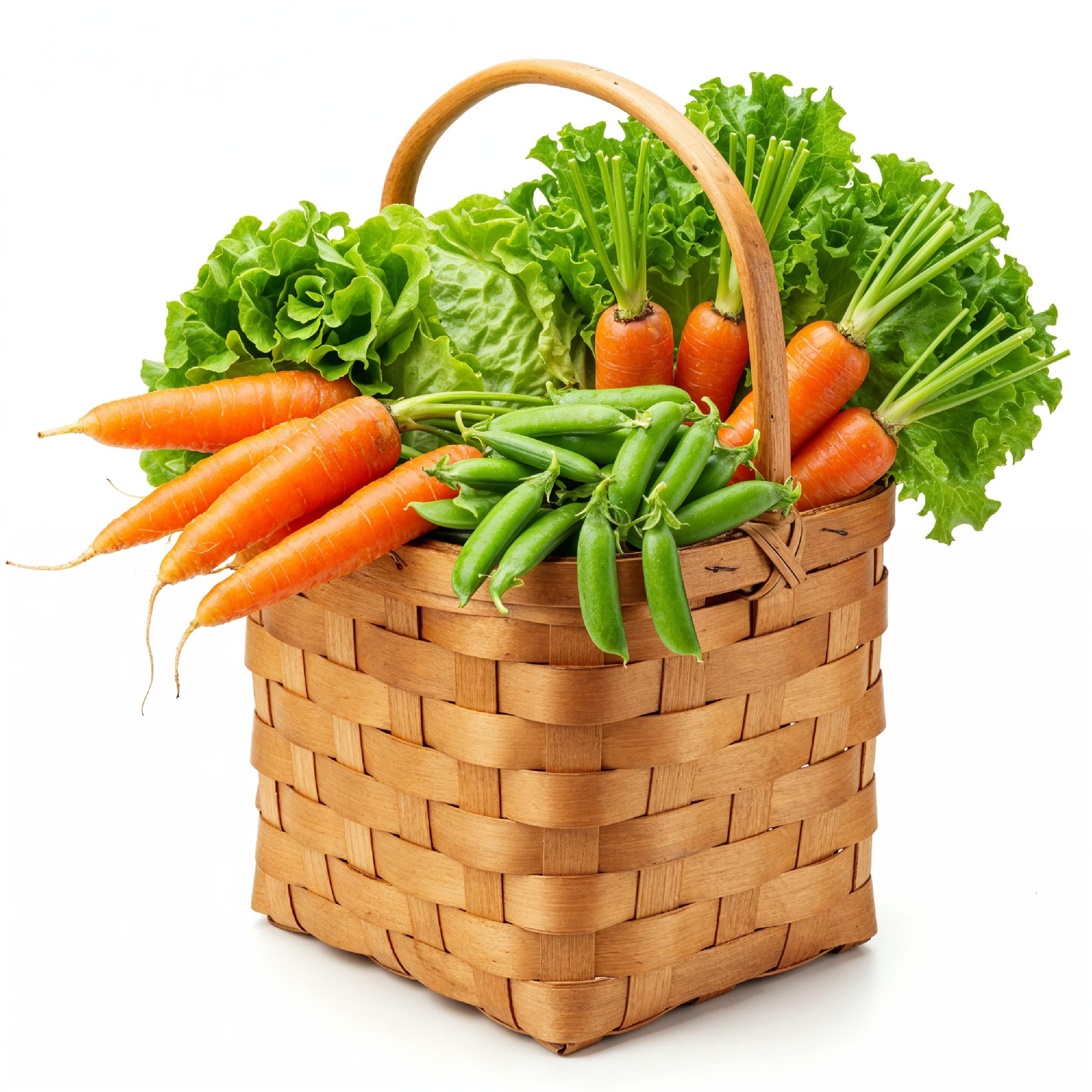 Tall Wicker Basket Overflowing with Fresh Organic Vegetables on White Background