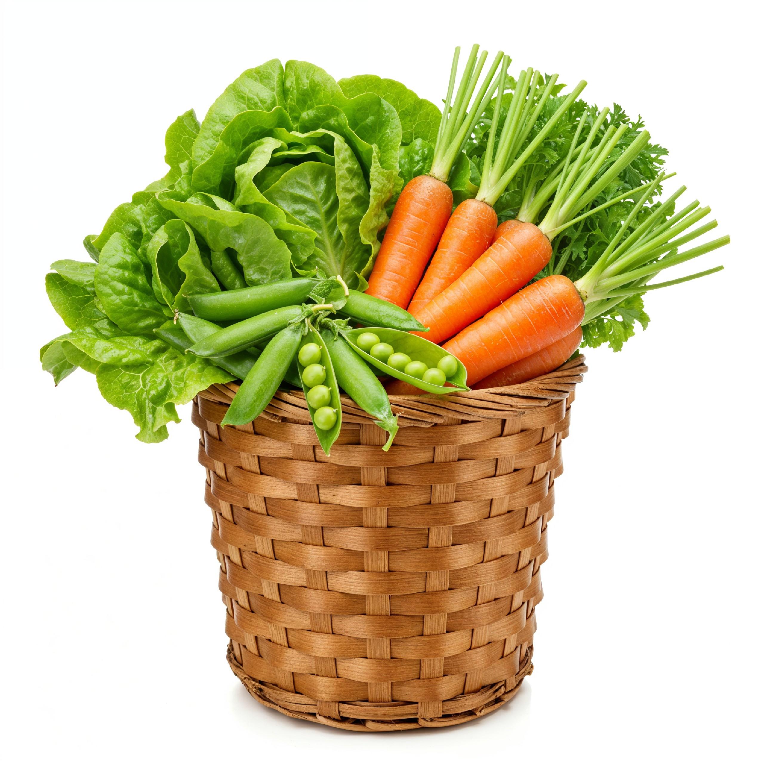 Tall Wicker Basket Overflowing with Fresh Organic Vegetables on White Background