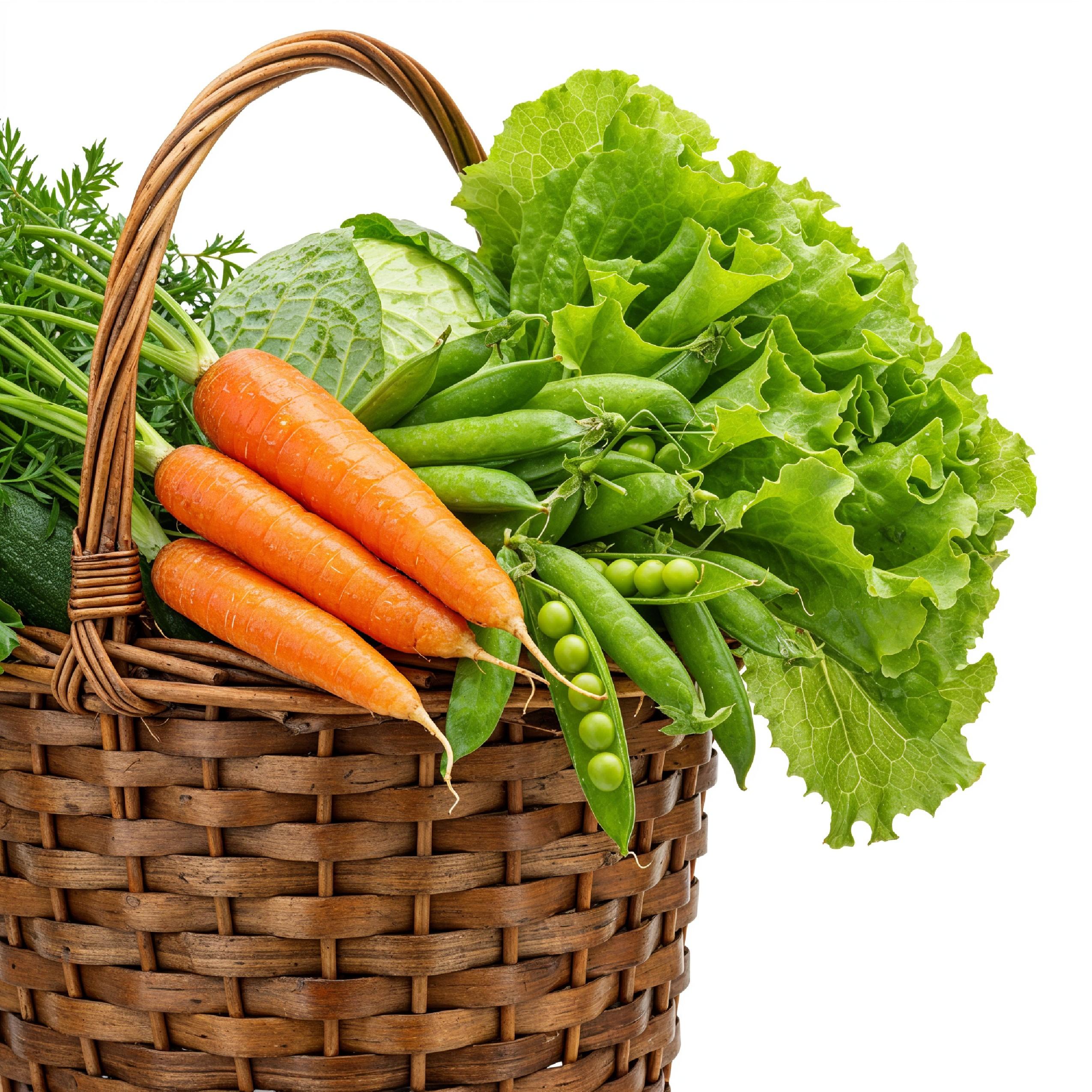 Tall Wicker Basket Overflowing with Fresh Organic Vegetables on White Background