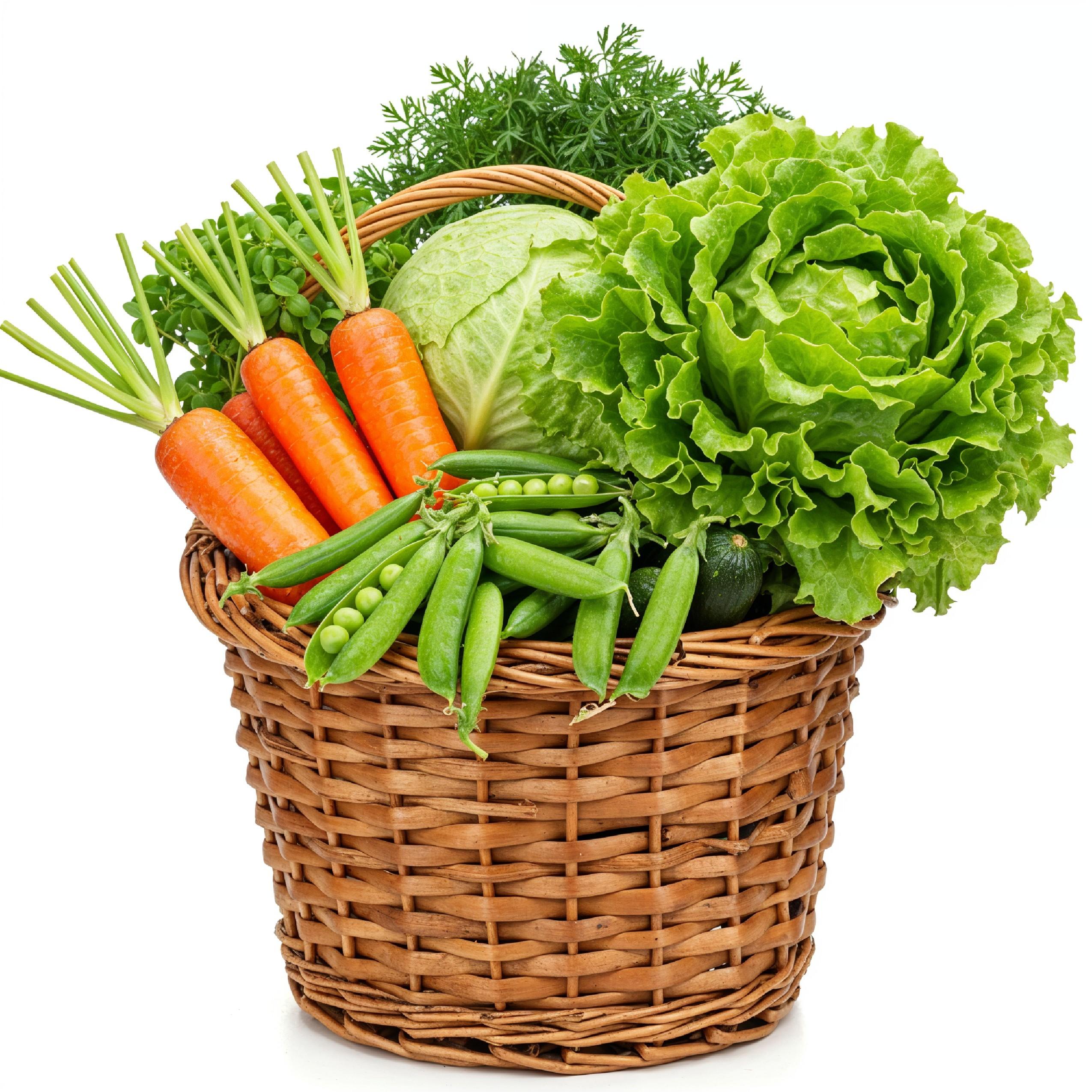 Tall Wicker Basket Overflowing with Fresh Organic Vegetables on White Background