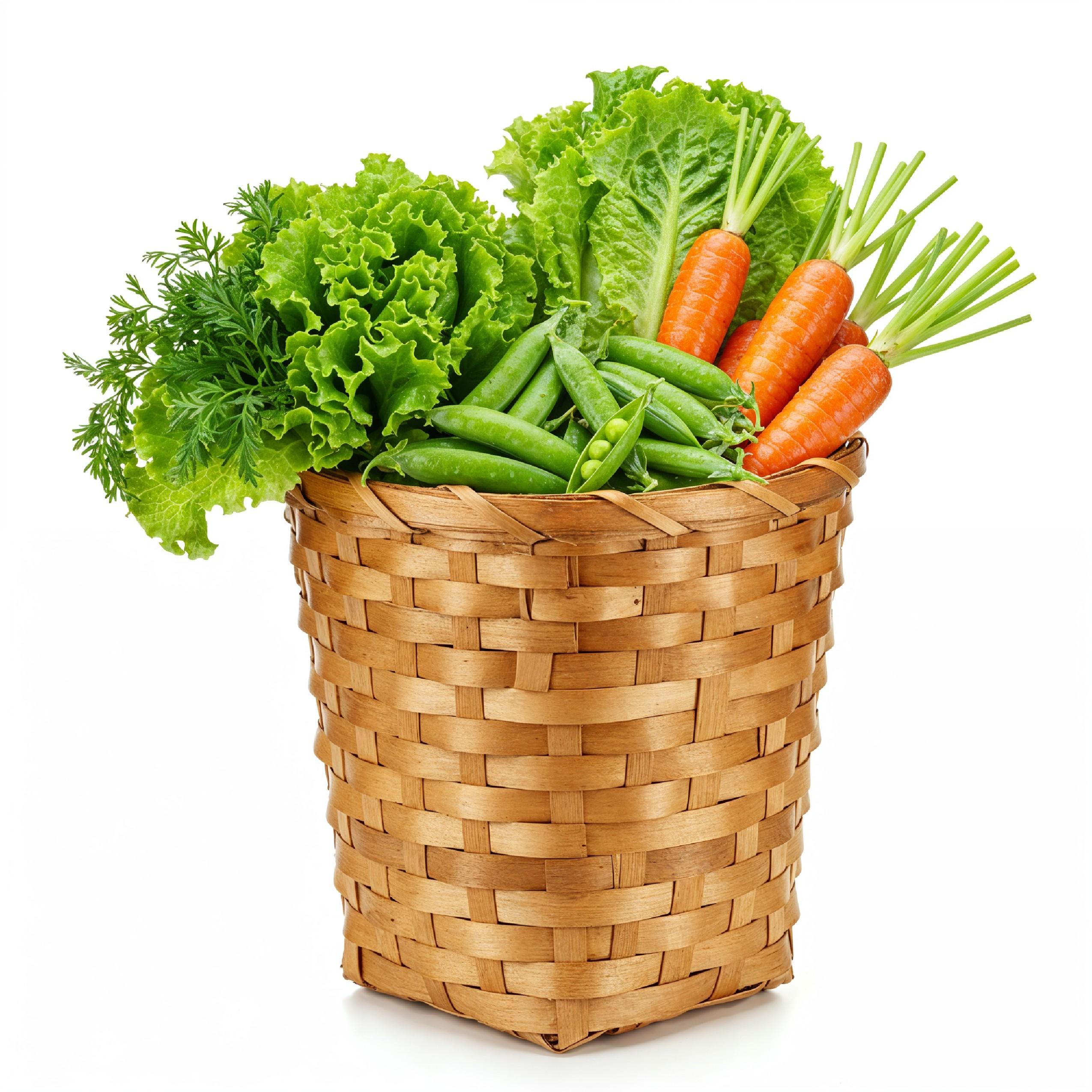 Tall Wicker Basket Overflowing with Fresh Organic Vegetables on White Background