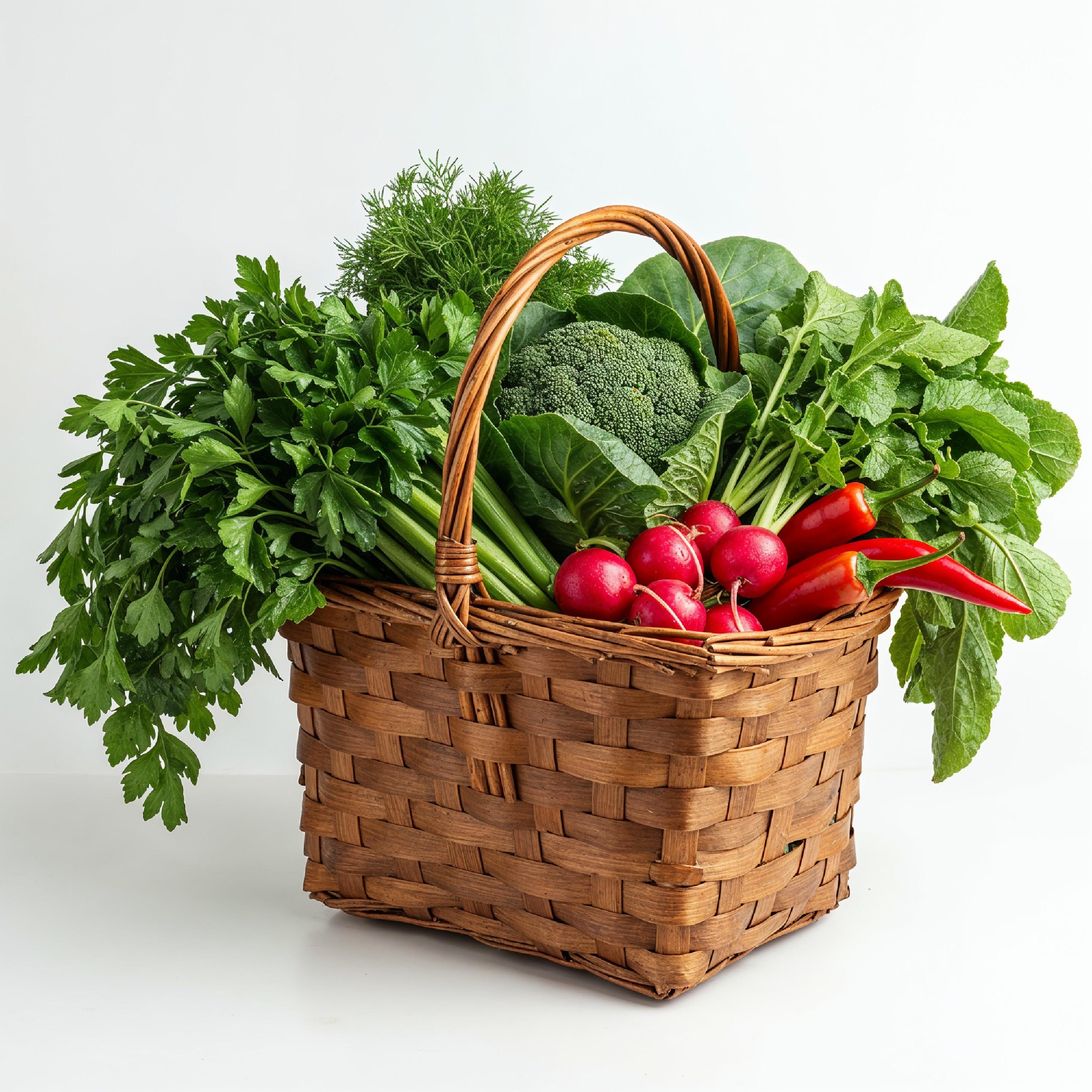 Traditional Village Style Basket Filled with Fresh Leafy Vegetables on White Background