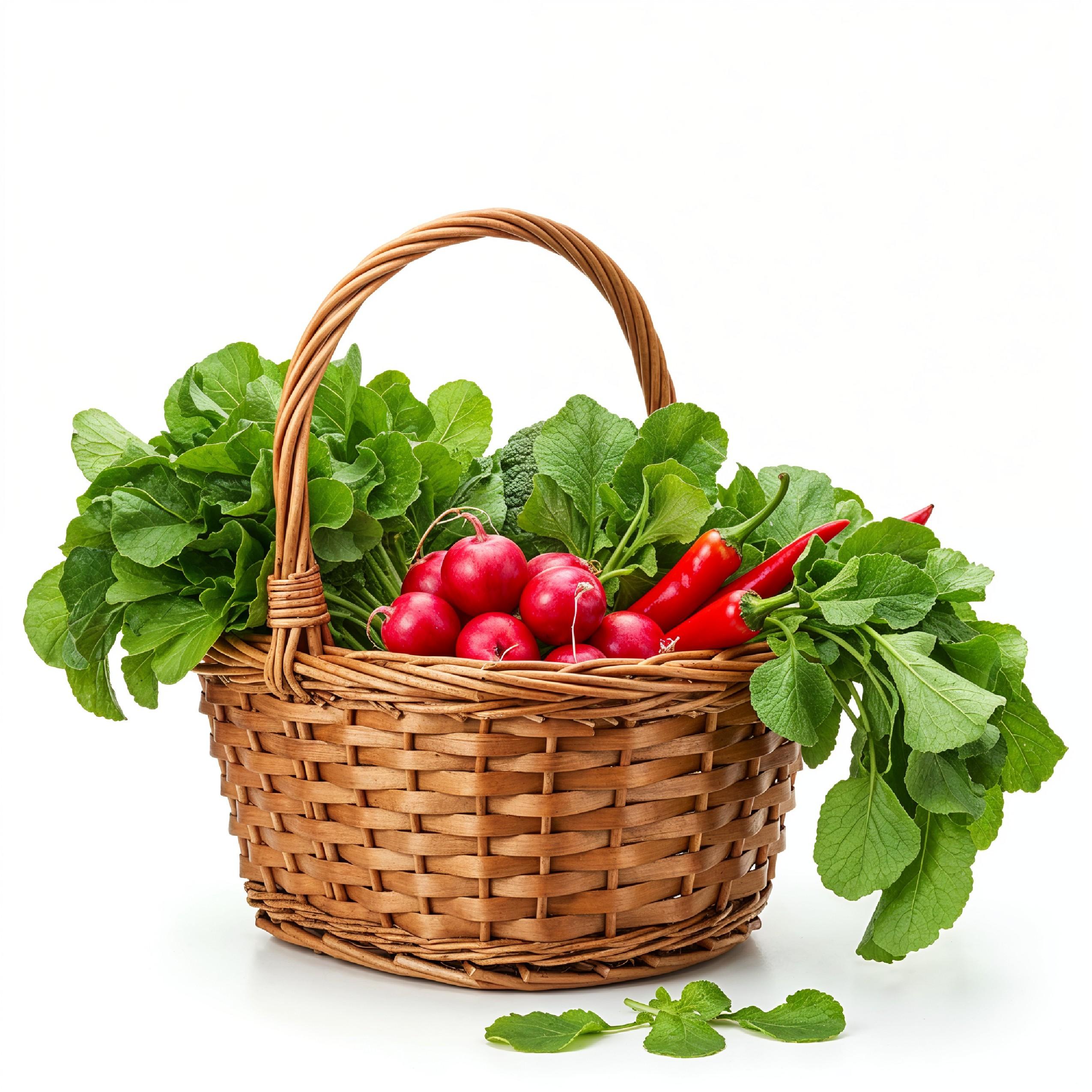 Traditional Village Style Basket Filled with Fresh Leafy Vegetables on White Background