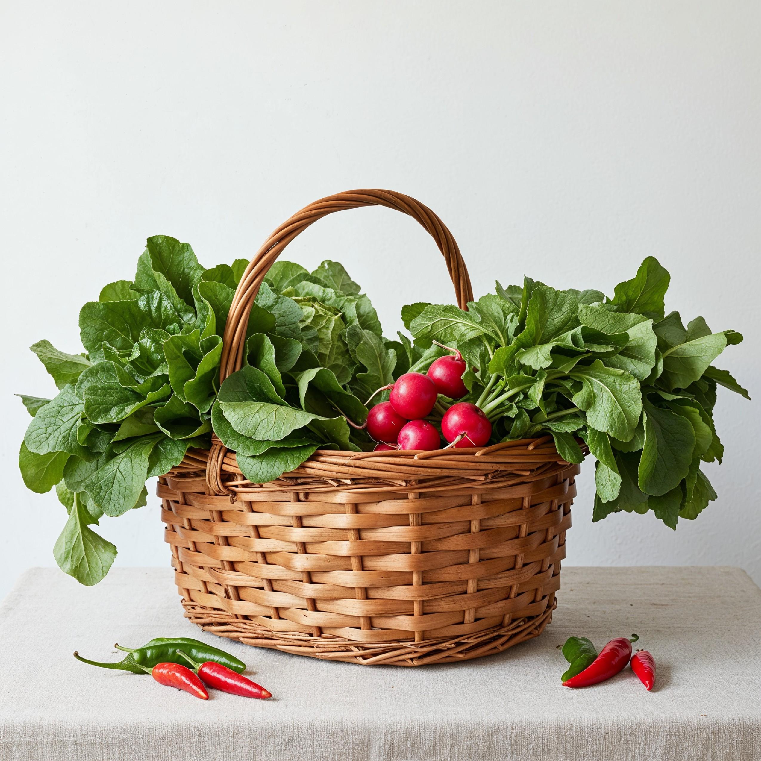 Traditional Village Style Basket Filled with Fresh Leafy Vegetables on White Background