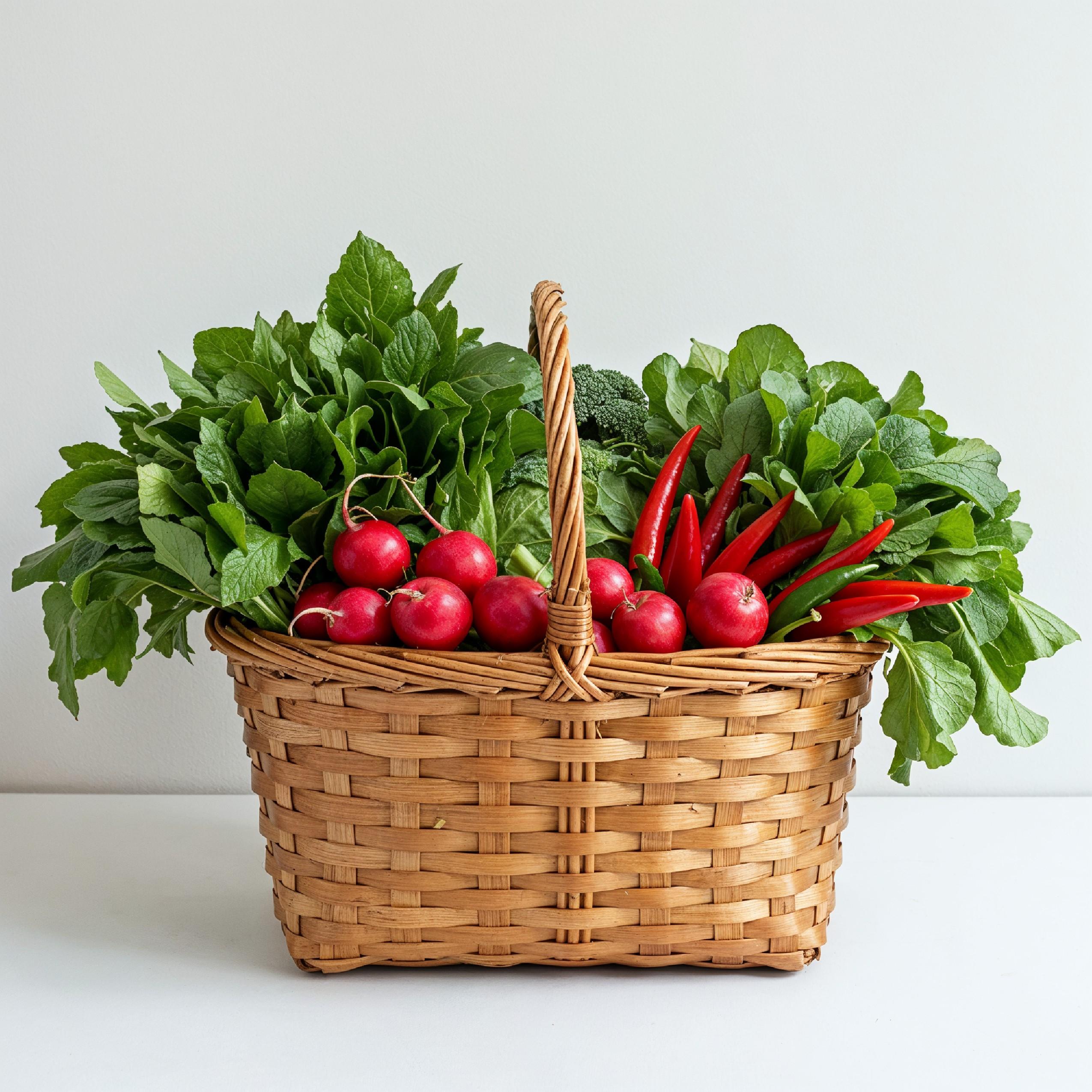 Traditional Village Style Basket Filled with Fresh Leafy Vegetables on White Background