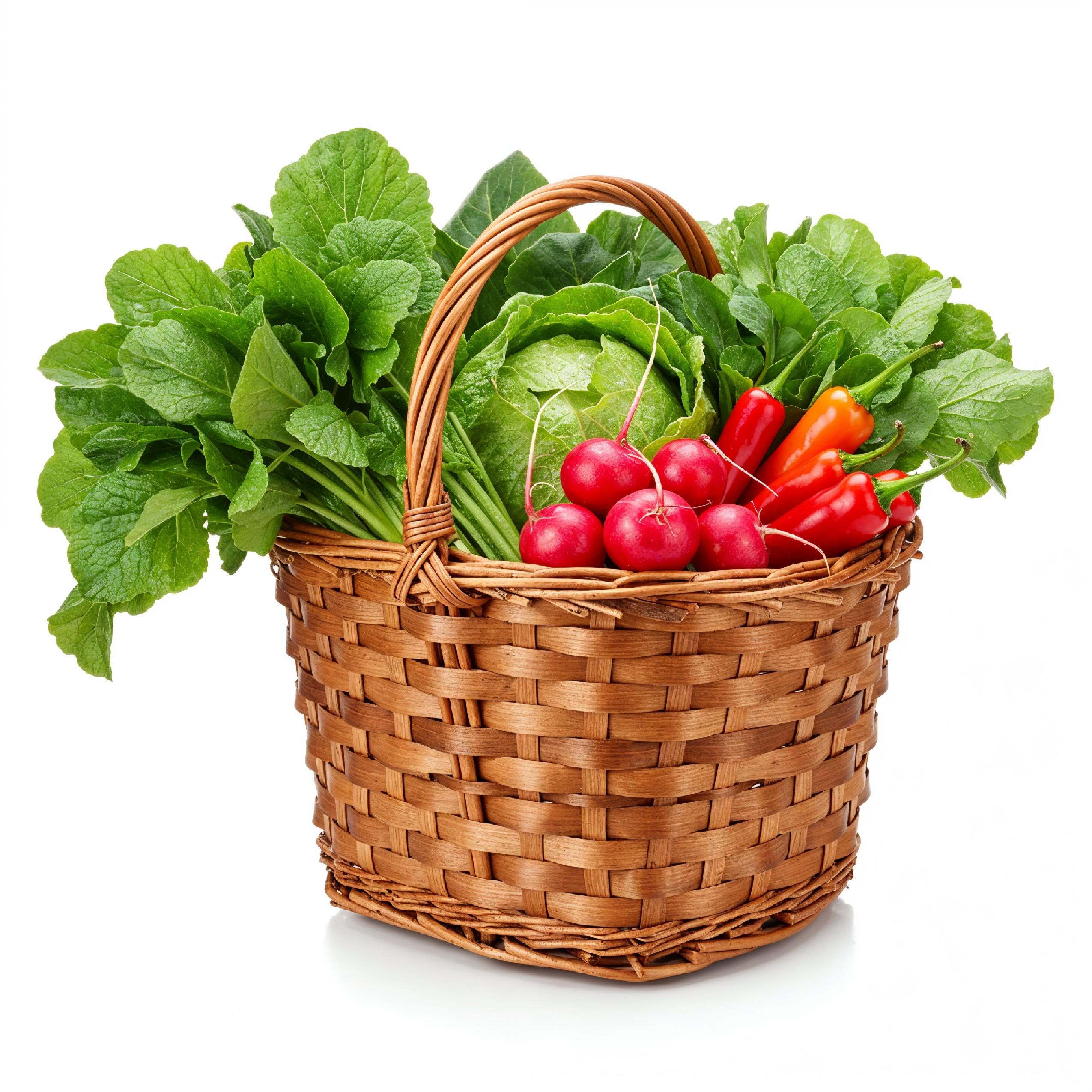 Traditional Village Style Basket Filled with Fresh Leafy Vegetables on White Background