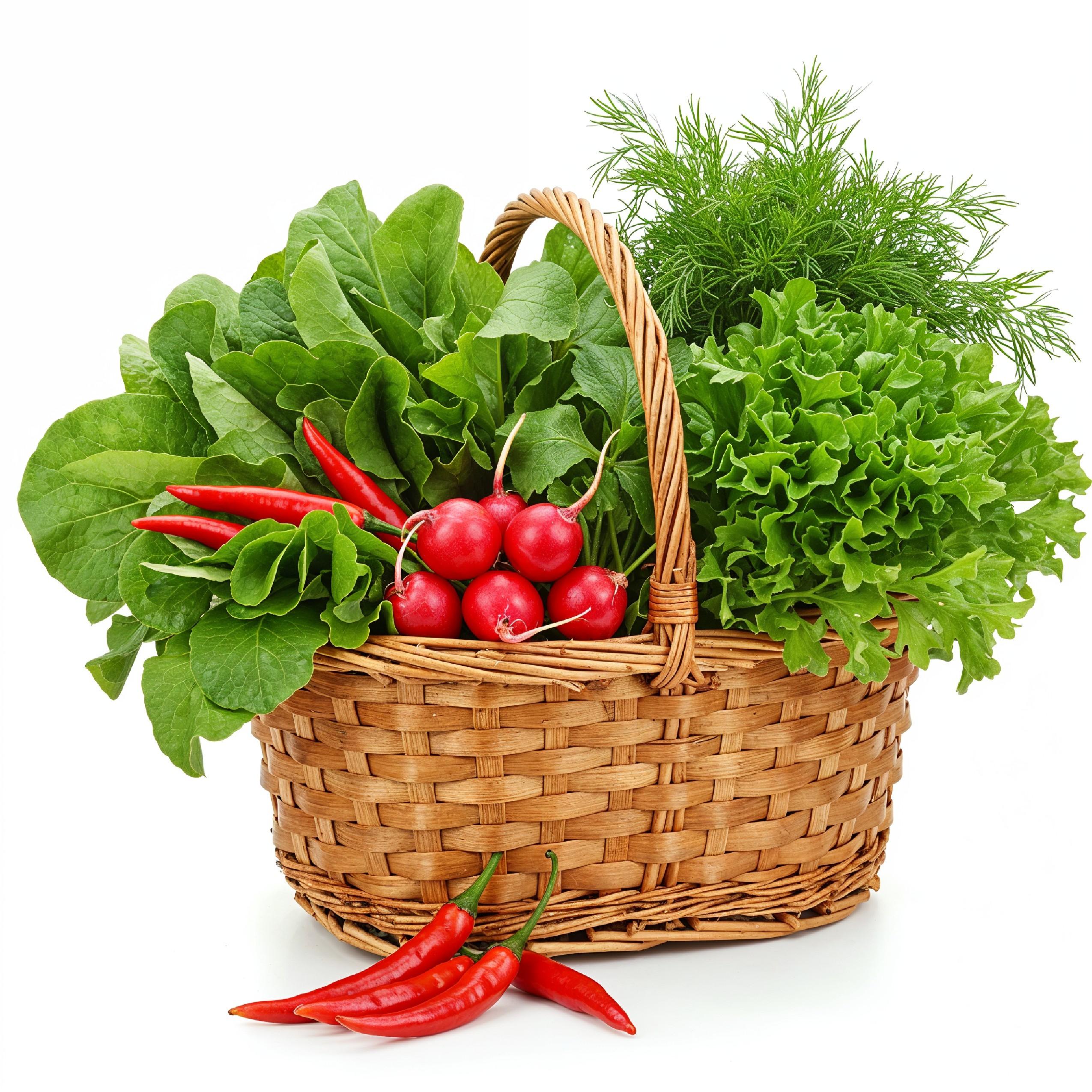 Traditional Village Style Basket Filled with Fresh Leafy Vegetables on White Background