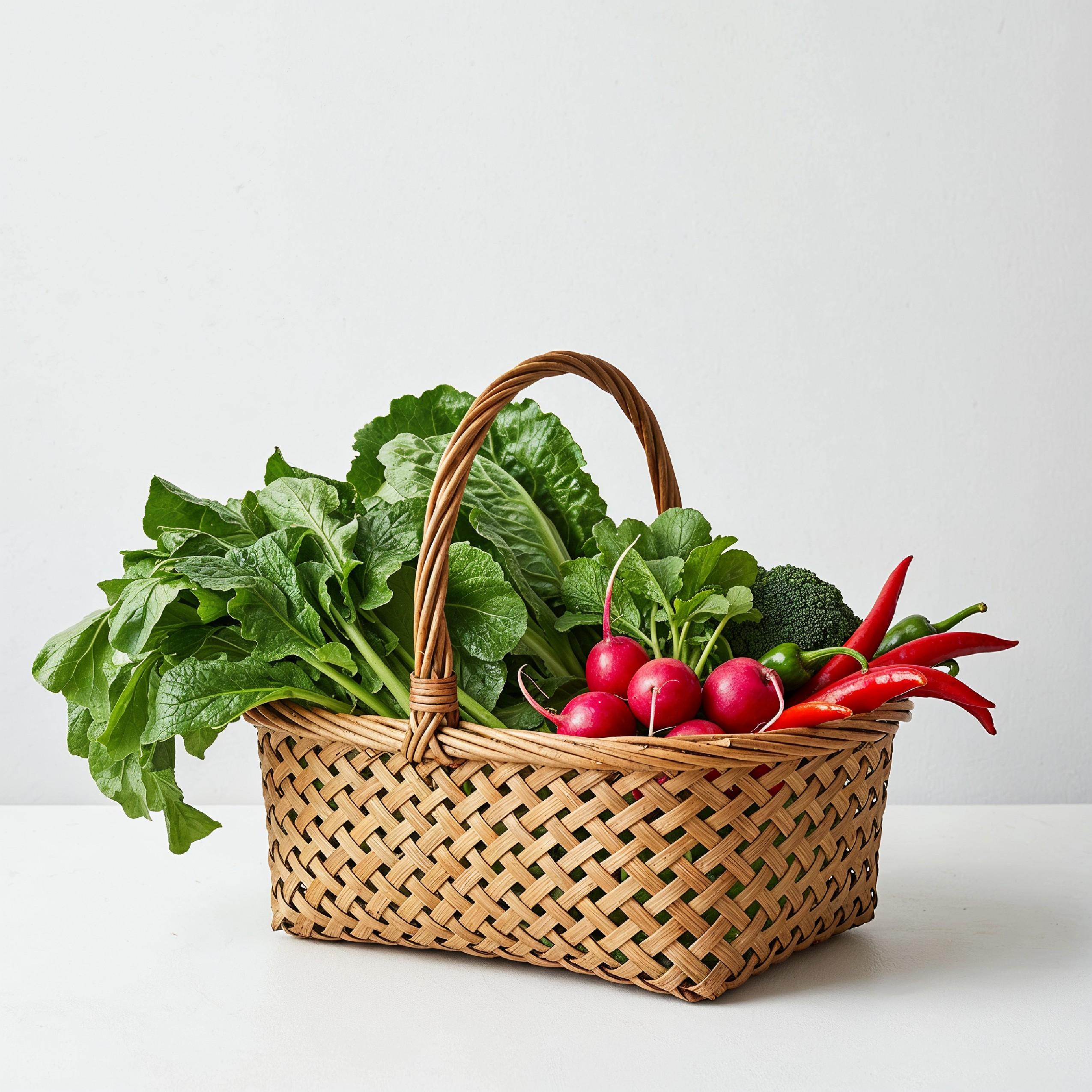 Traditional Village Style Basket Filled with Fresh Leafy Vegetables on White Background