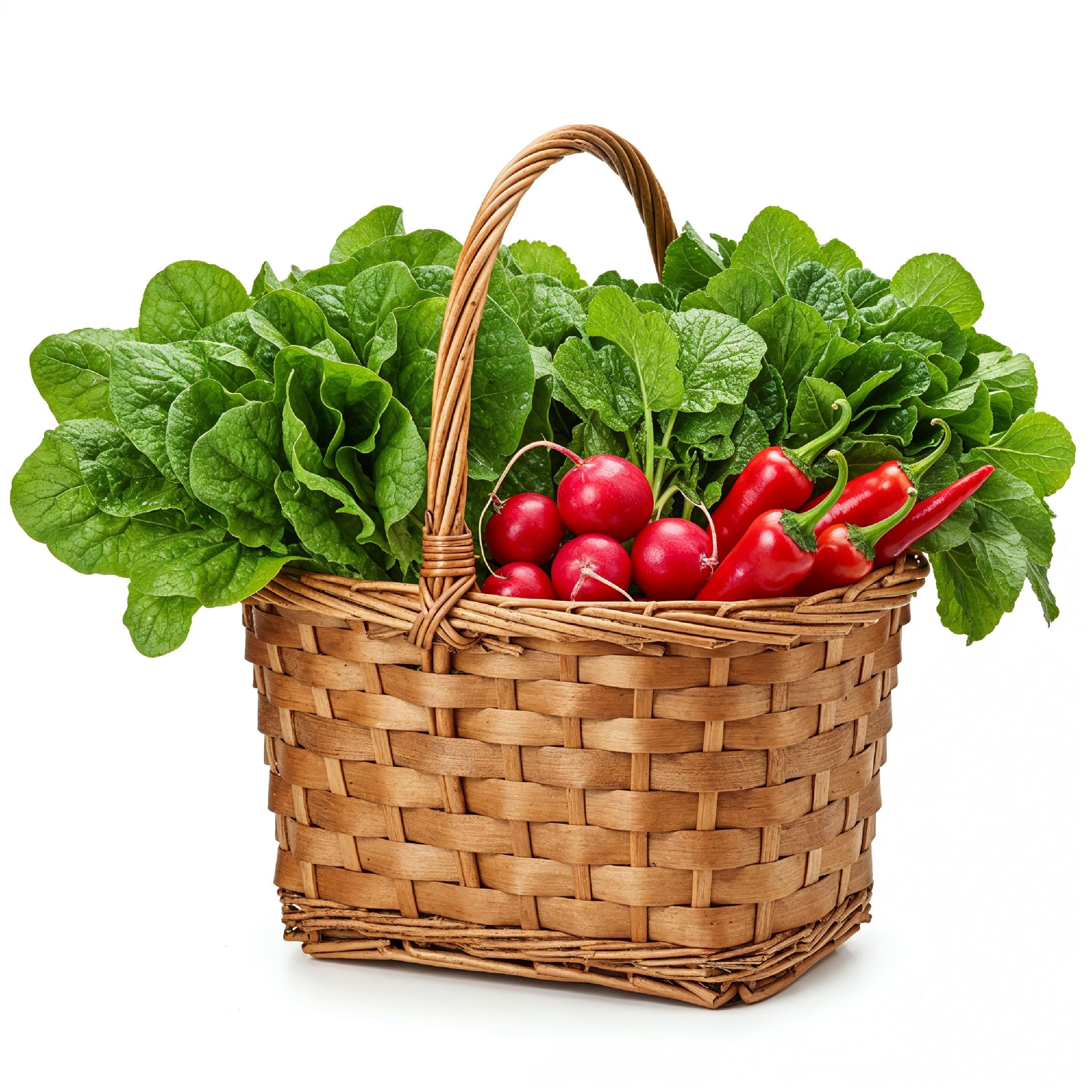 Traditional Village Style Basket Filled with Fresh Leafy Vegetables on White Background