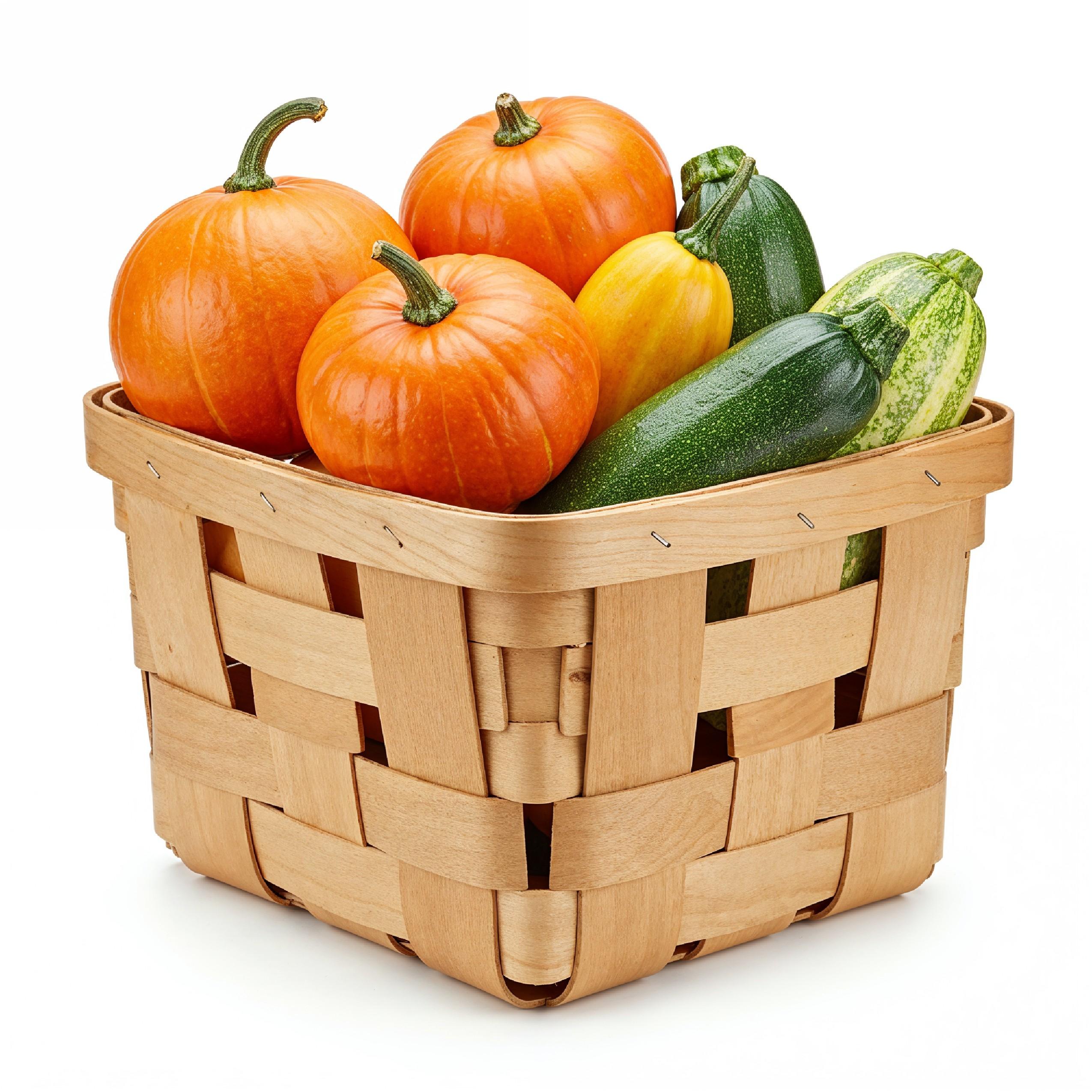 Wooden Basket Filled with Fresh Pumpkins and Gourds Isolated on White Background
