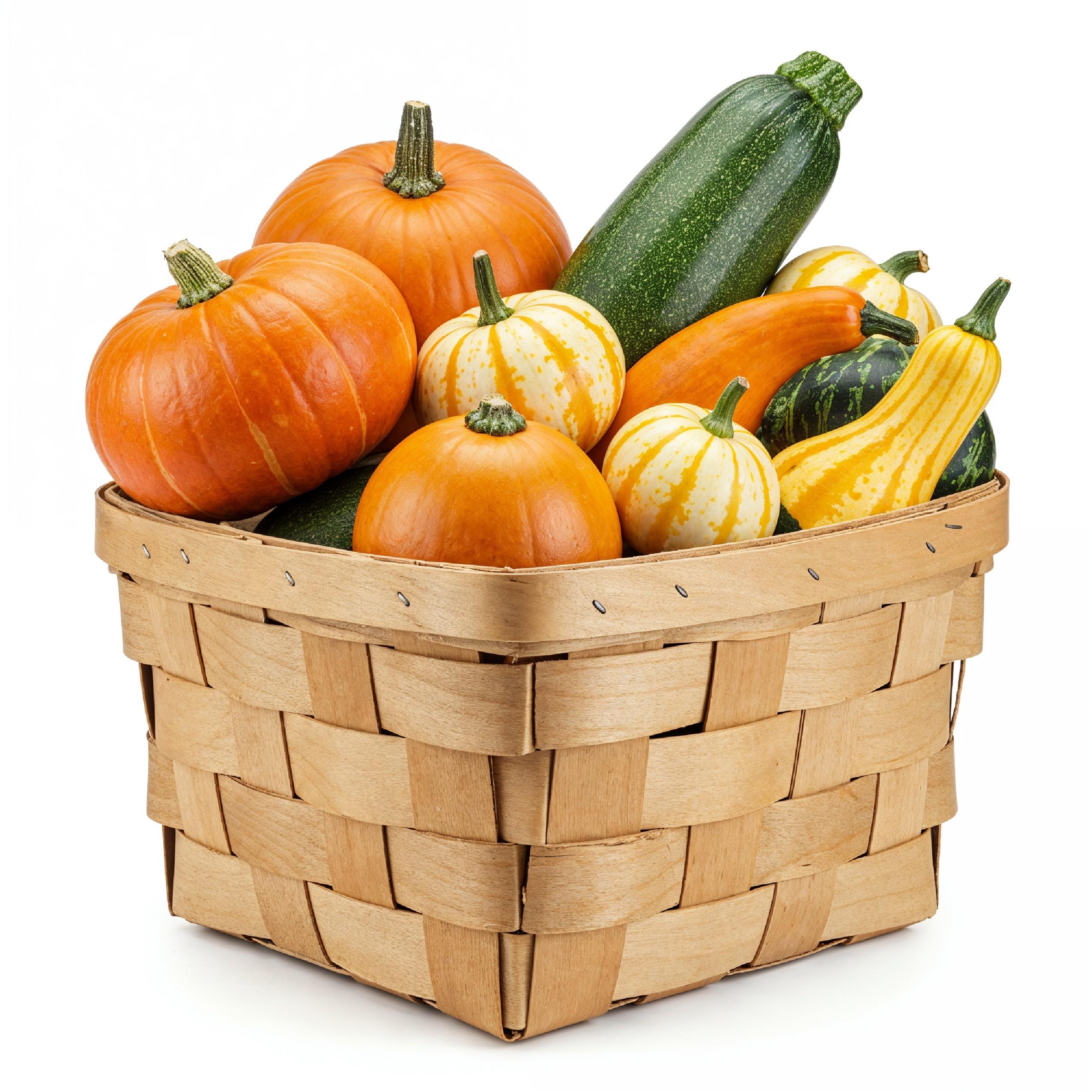 Wooden Basket Filled with Fresh Pumpkins and Gourds Isolated on White Background