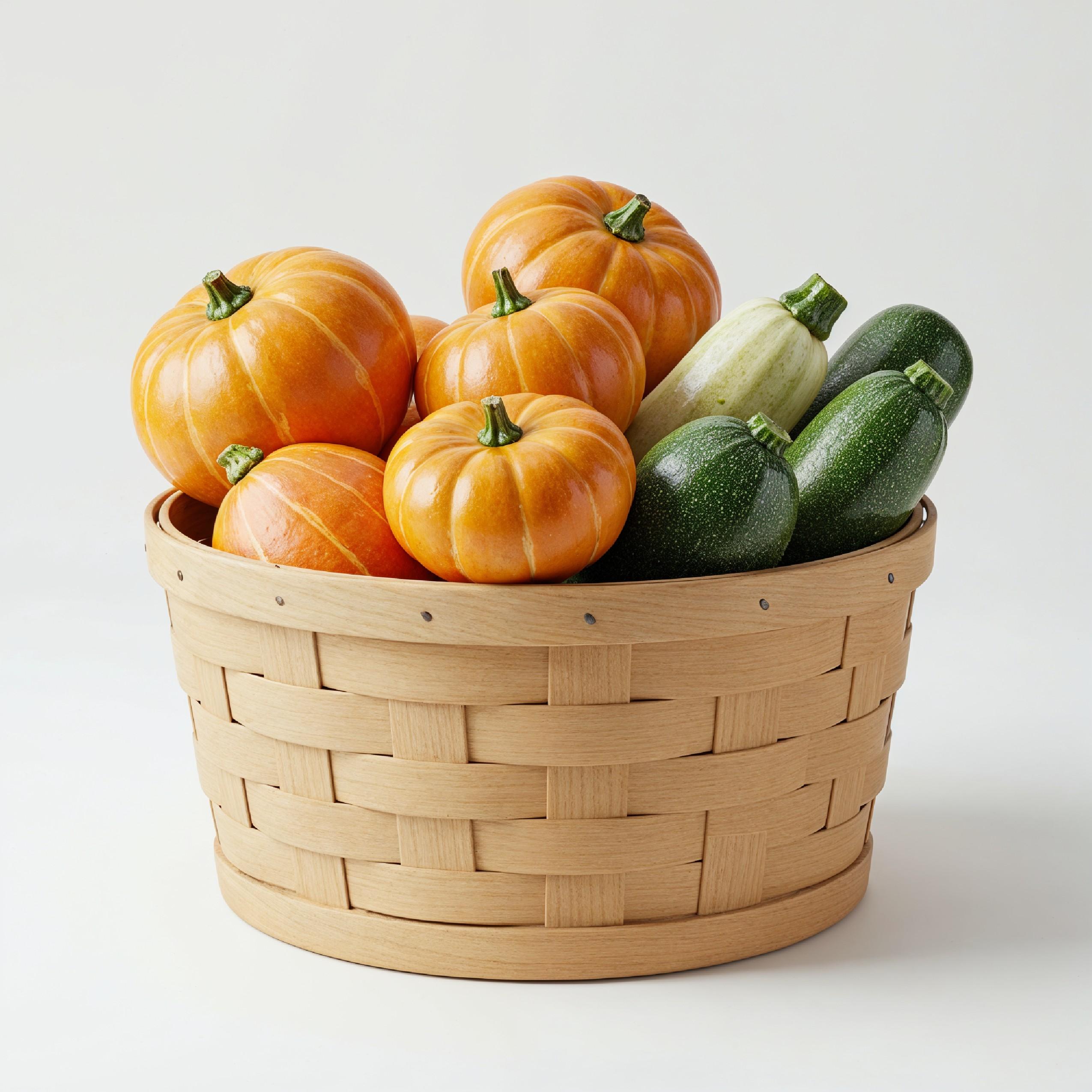 Wooden Basket Filled with Fresh Pumpkins and Gourds Isolated on White Background